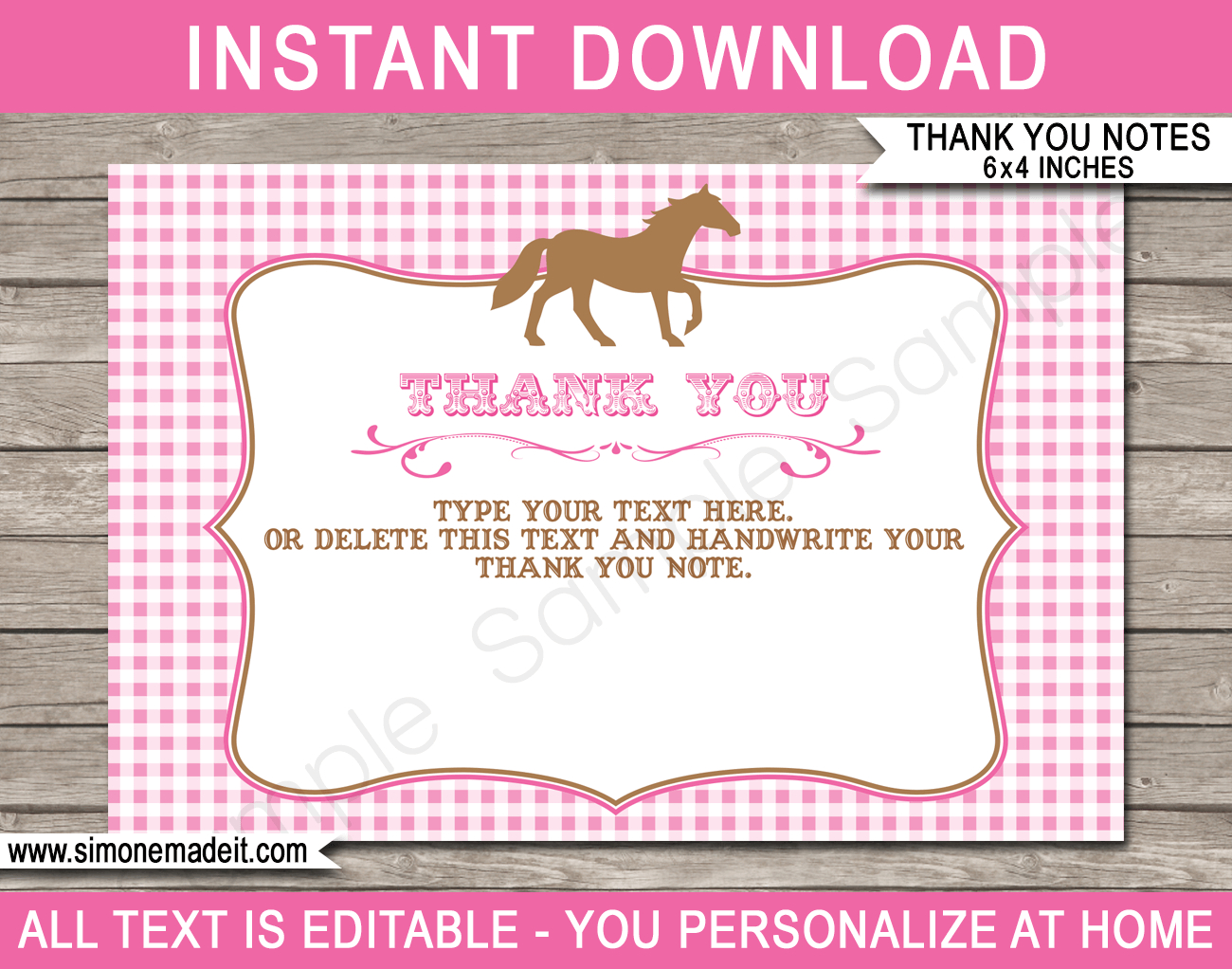 Horse Party Thank You Cards Template - Pink regarding Free Printable Horse Themed Birthday Party Invitations