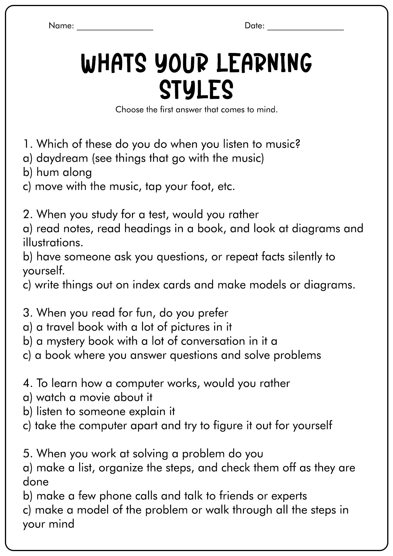 How To Create A Learning Style Quiz - Worksheets Library within Free Printable Learning Styles Questionnaire