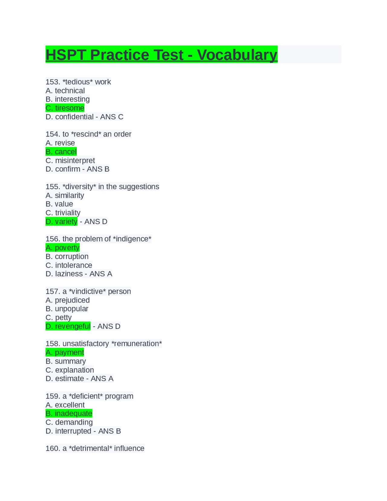 Hspt Practice Test - Vocabulary.questios And Answers 2022 | Exams regarding Free Printable Hspt Practice Test