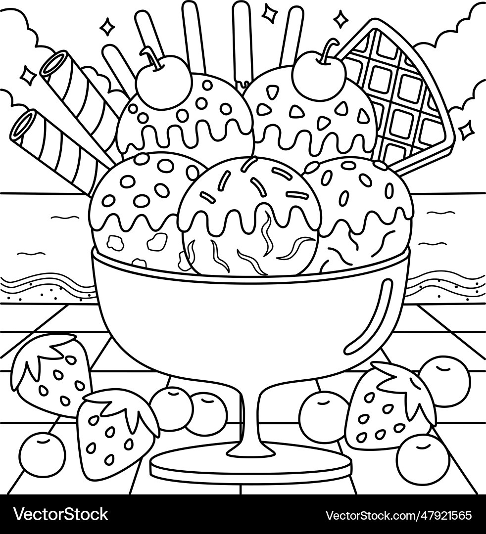 Ice Cream On The Beach Summer Coloring Page Vector Image with Ice Cream Color Pages Printable Free
