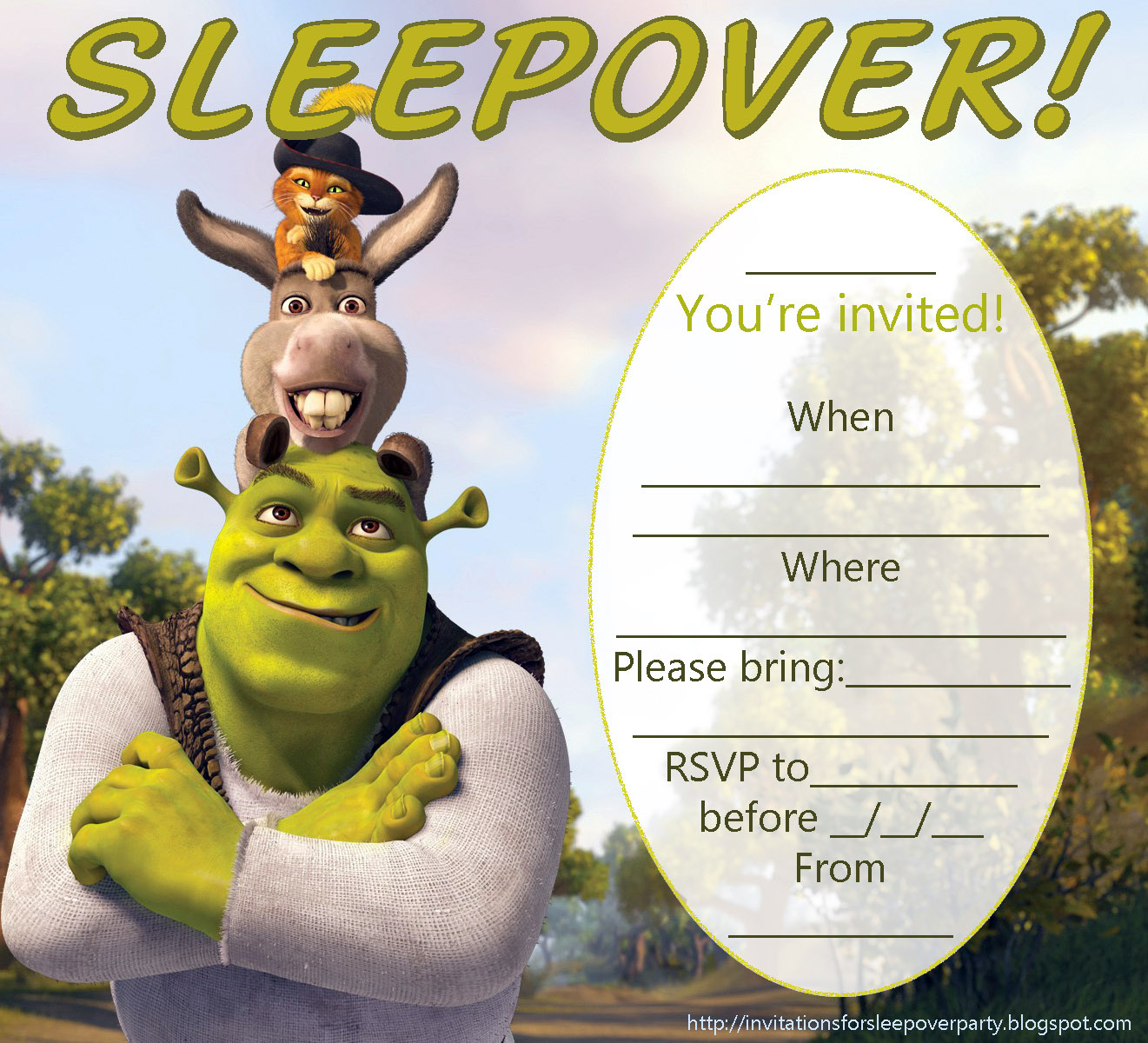 Invitations For Sleepover Party: Shrek Donkey And Puss In Boots regarding Free Printable Shrek Birthday Invitations
