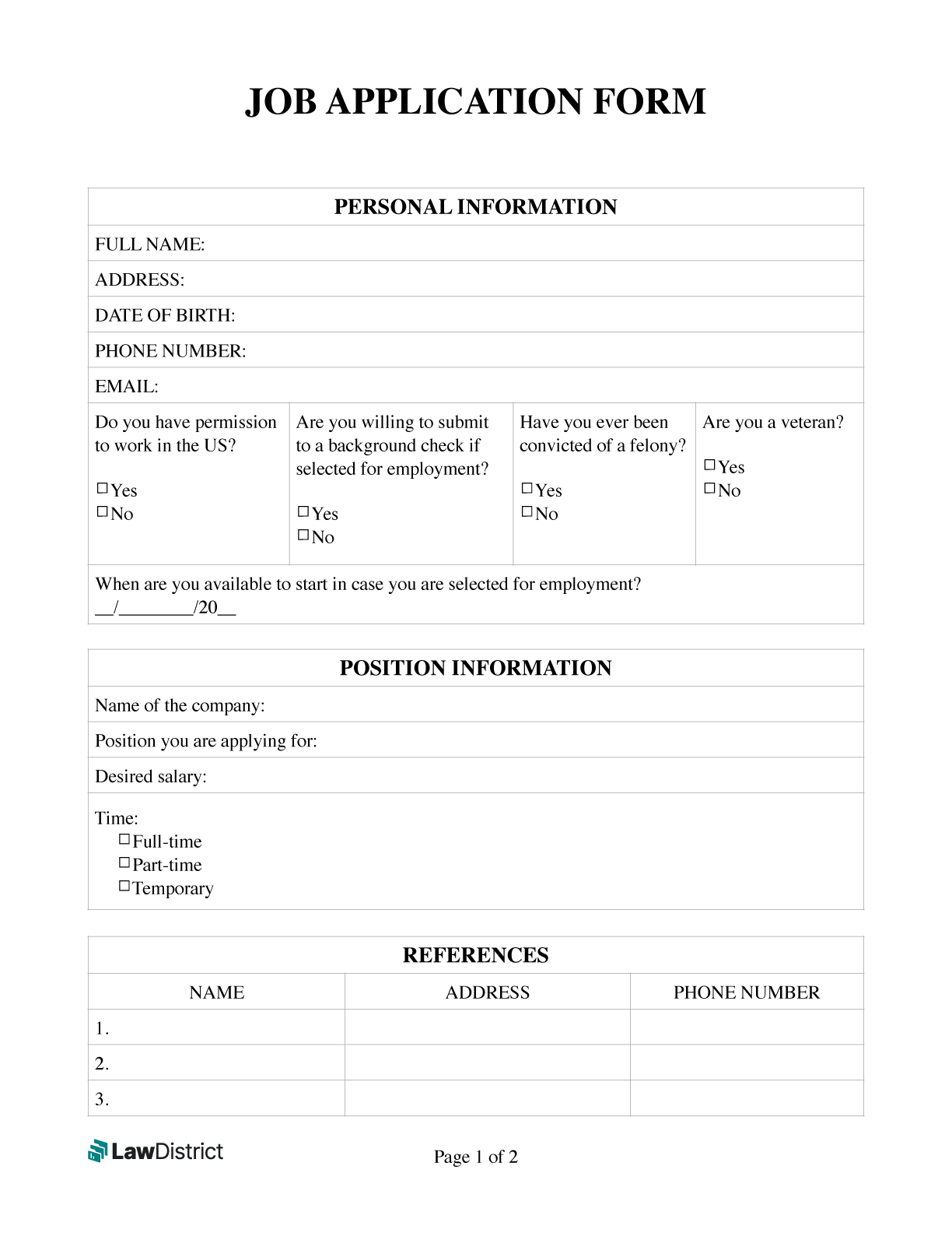 Job Application Form | Free Simple Pdf Template | Lawdistrict inside Free Printable Job Application Form Pdf