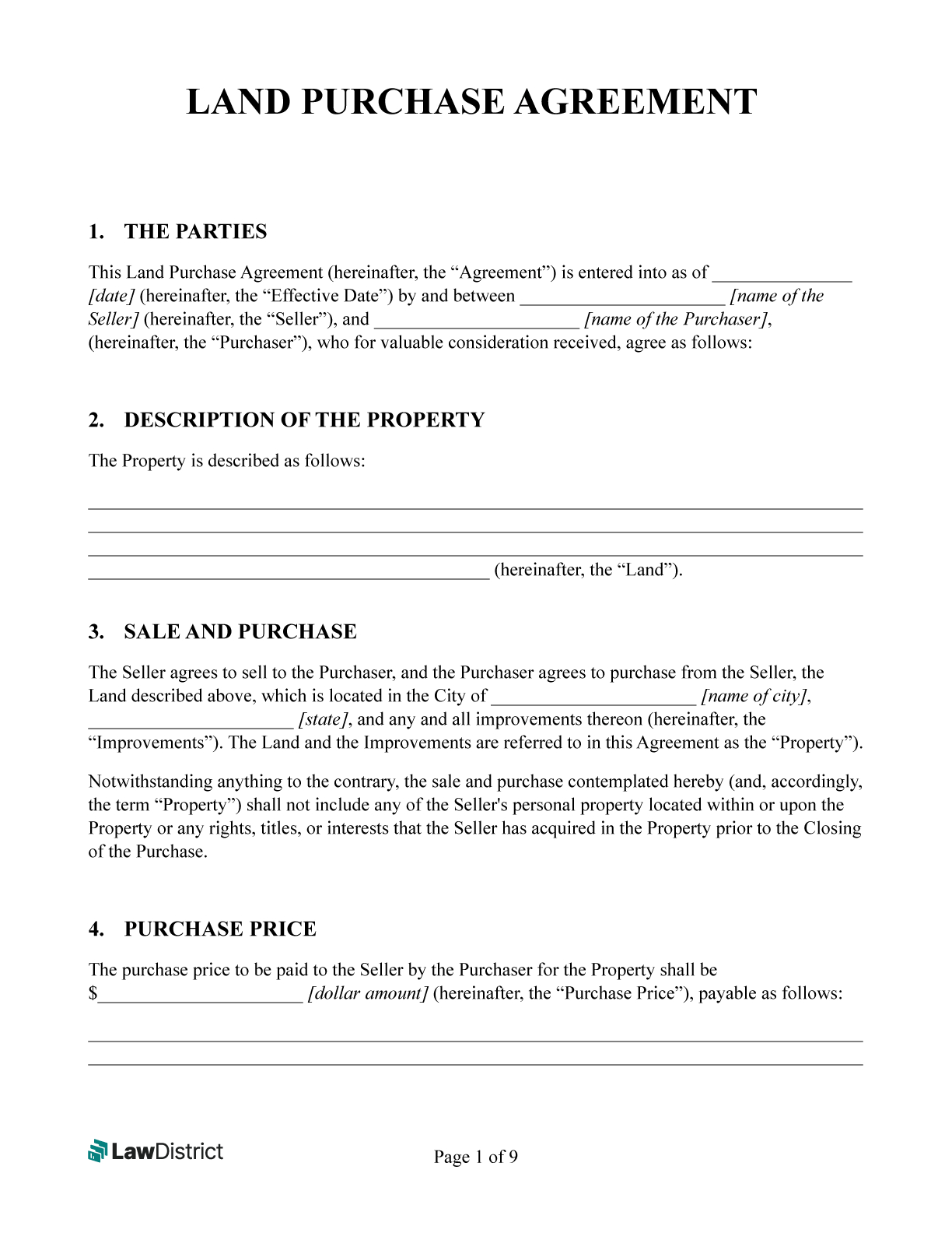 Land Purchase Agreement - Land Contract | Free Pdf Form | Lawdistrict for Free Printable Land Contract Forms