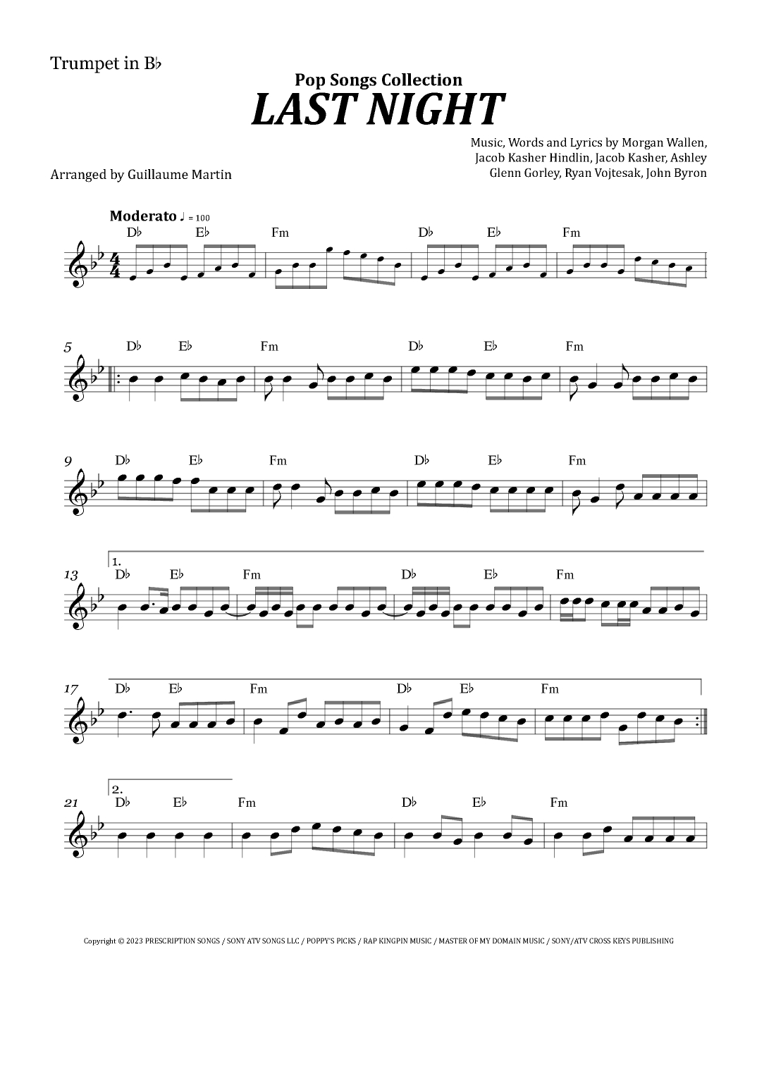 Last Night (Arr. Guillaume Martin)Morgan Wallen Sheet Music in Free Printable Sheet Music For Trumpet