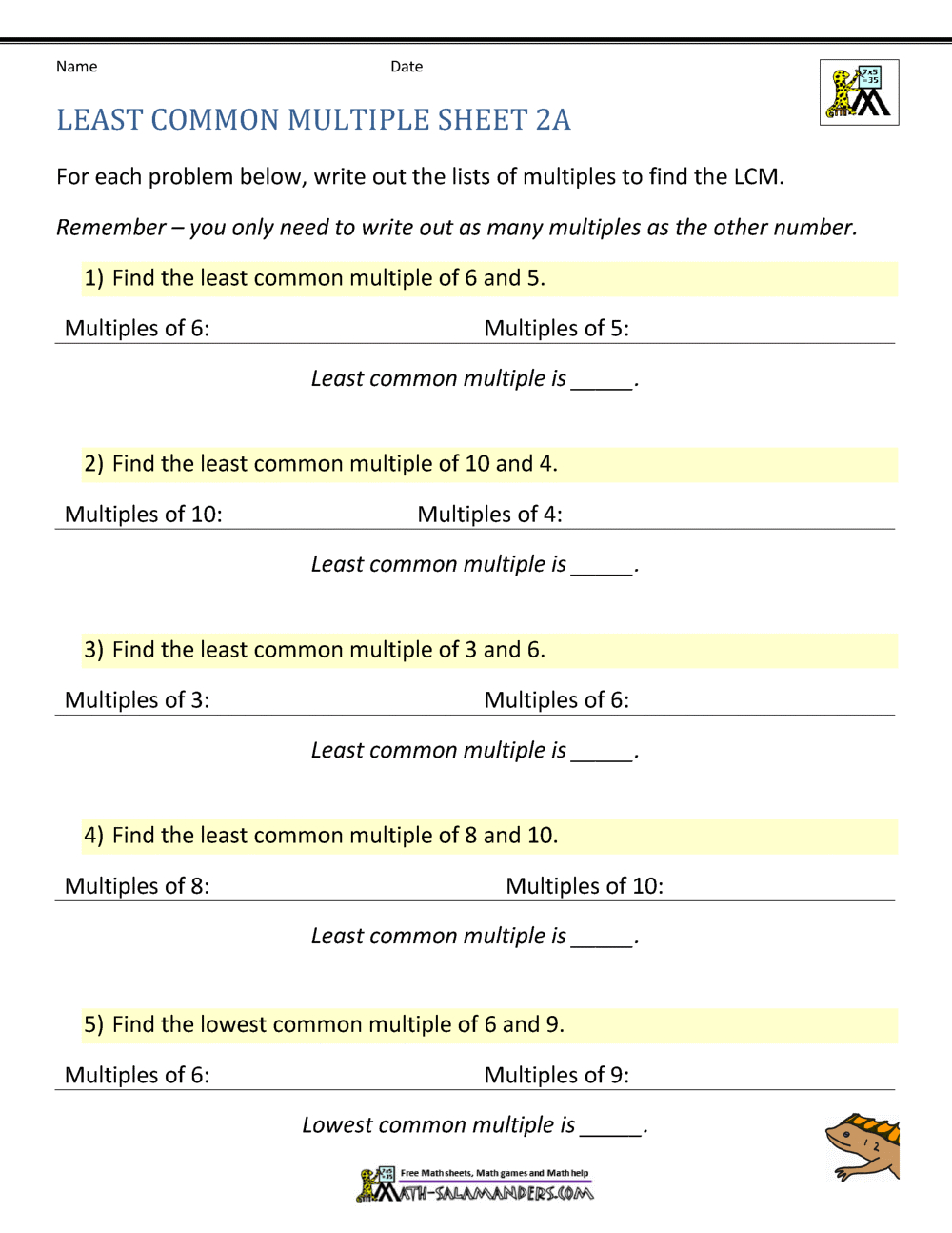 Least Common Multiple Worksheets Page within Free Printable Lcm Worksheets
