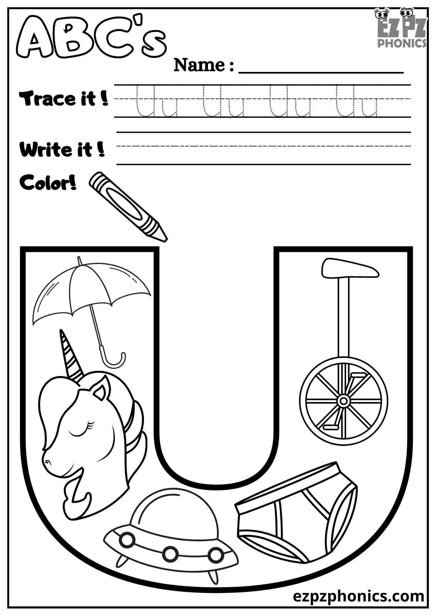 Letter U Trace, Write, And Color - Ezpzphonics within Free Printable Letter U Coloring Pages