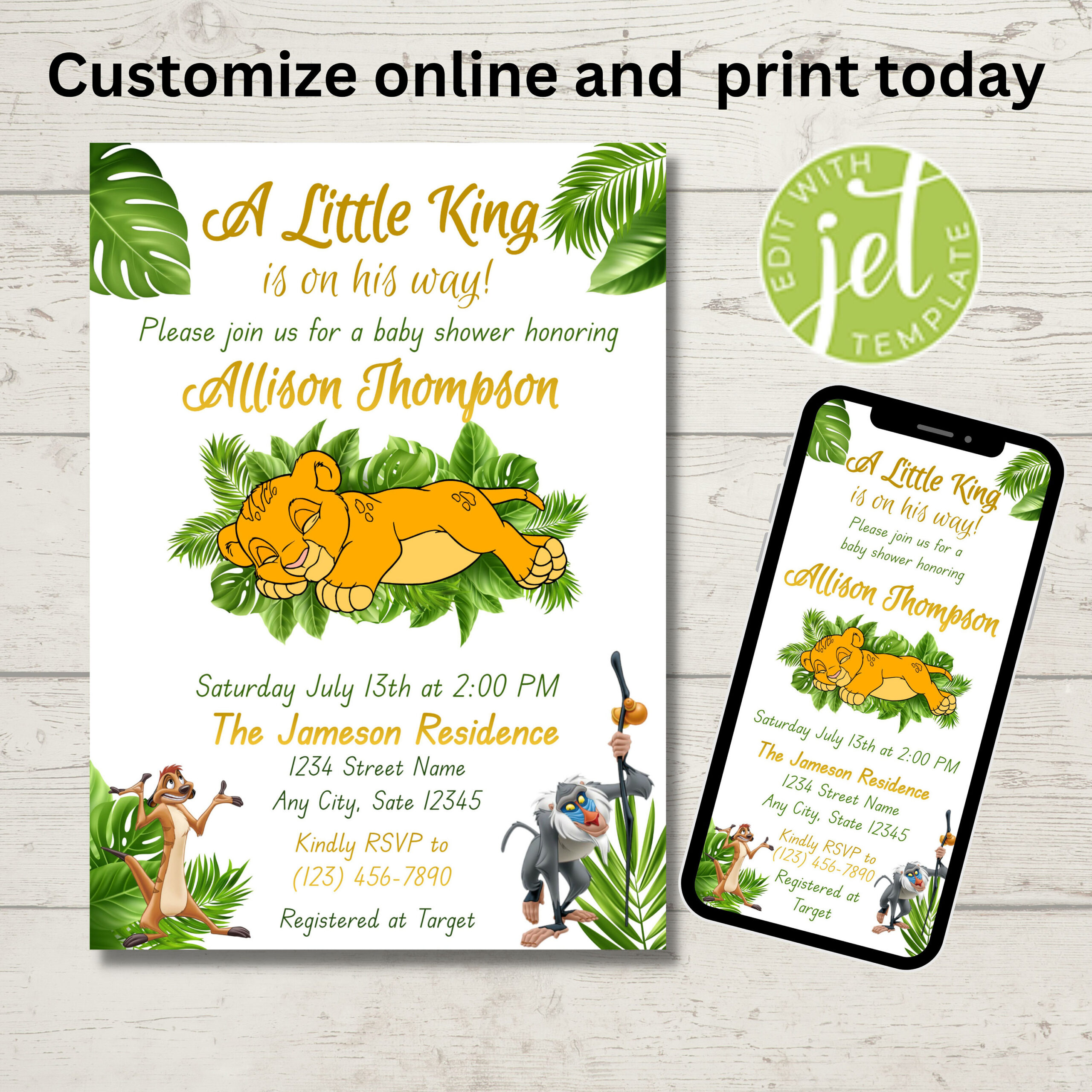 Lion King Baby Shower Invitation Template, Lion King Digital Invitation,  Baby Simba Baby Shower, Digital Baby Shower Invitation, Instant for Free Printable Lion King Baby Shower Invitations