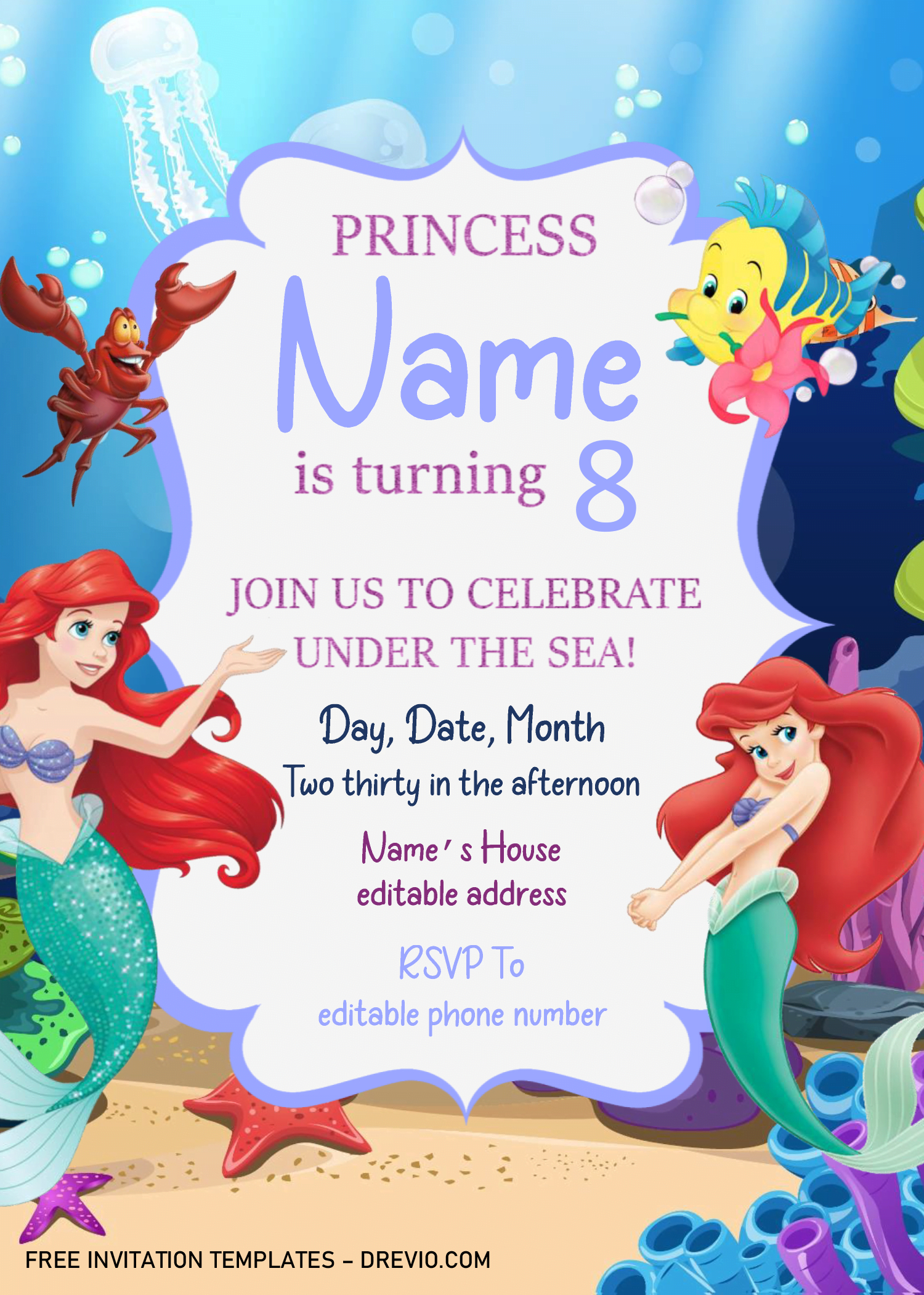 Little Mermaid Birthday Invitation Templates - Editable .Docx for Mermaid Party Invitations Printable Free