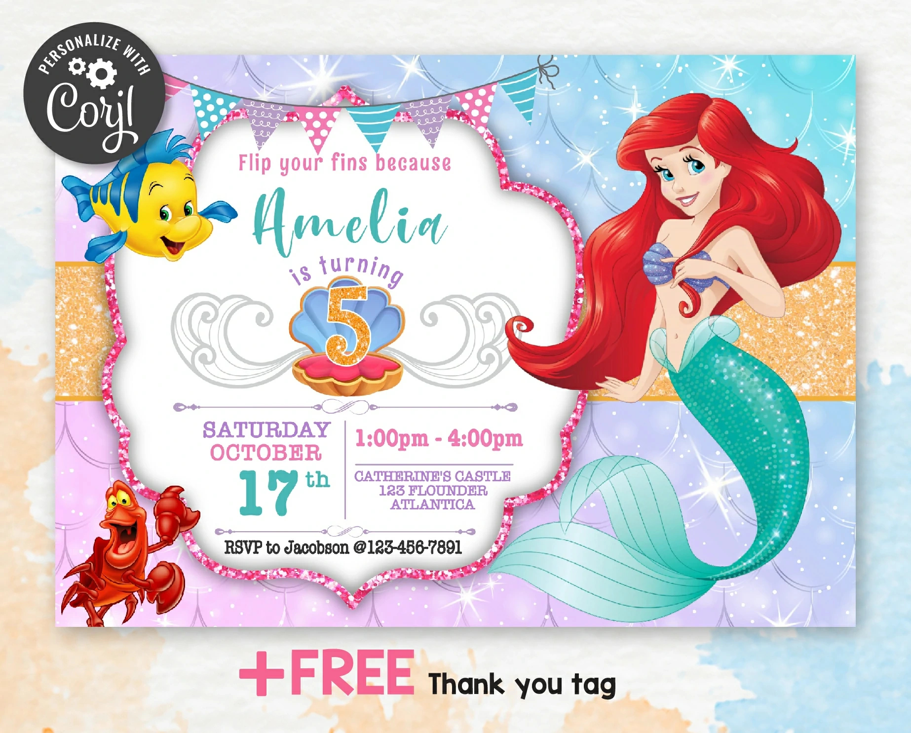 Little Mermaid Birthday Party Invitations | Free Thank You Tag with Free Little Mermaid Printable Invitations