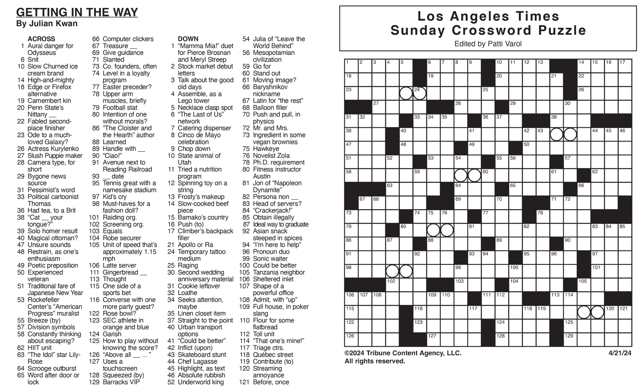 Los Angeles Times Sunday Crossword Puzzle | Tribune Content for Free La Times Crossword Printable