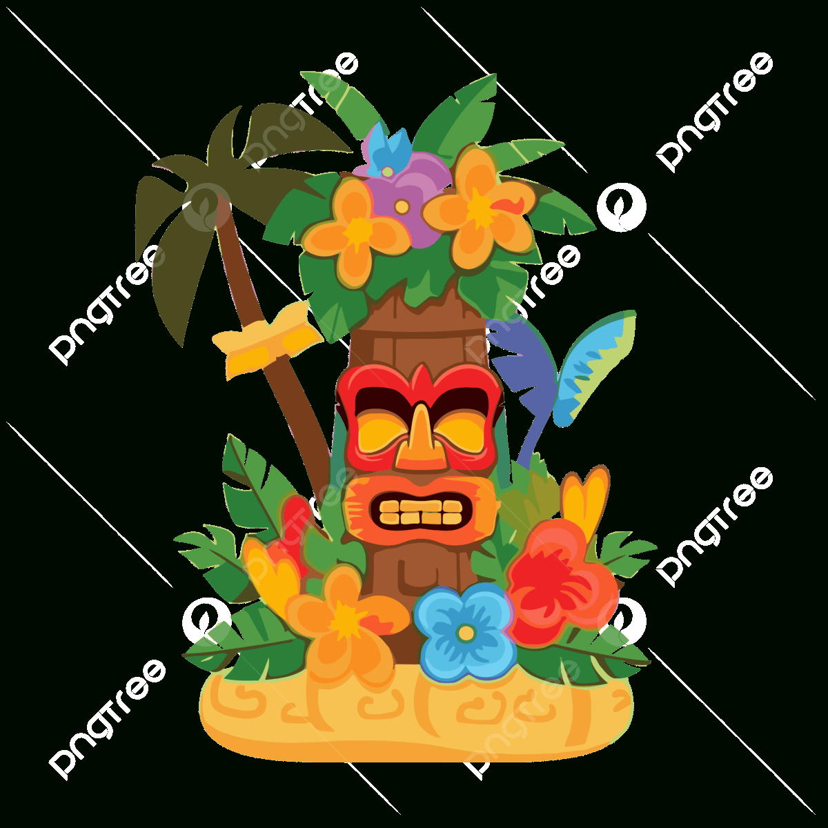 Luau Clipart Tiki On A Beach And Some Tropical Flowers Cartoon for Free Printable Luau Clipart