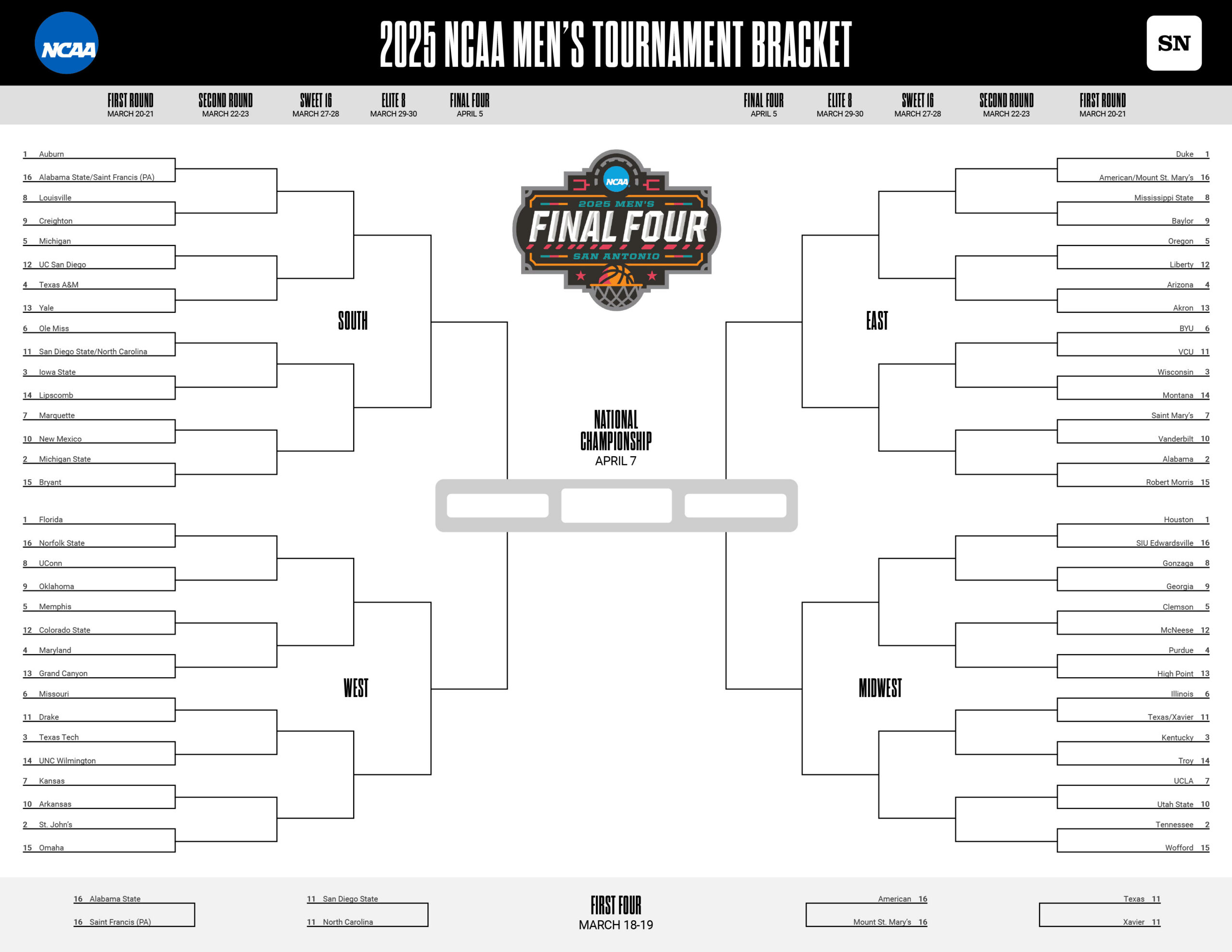 March Madness Printable Bracket: Download A Free 2025 Ncaa with Free Printable Brackets Ncaa Basketball