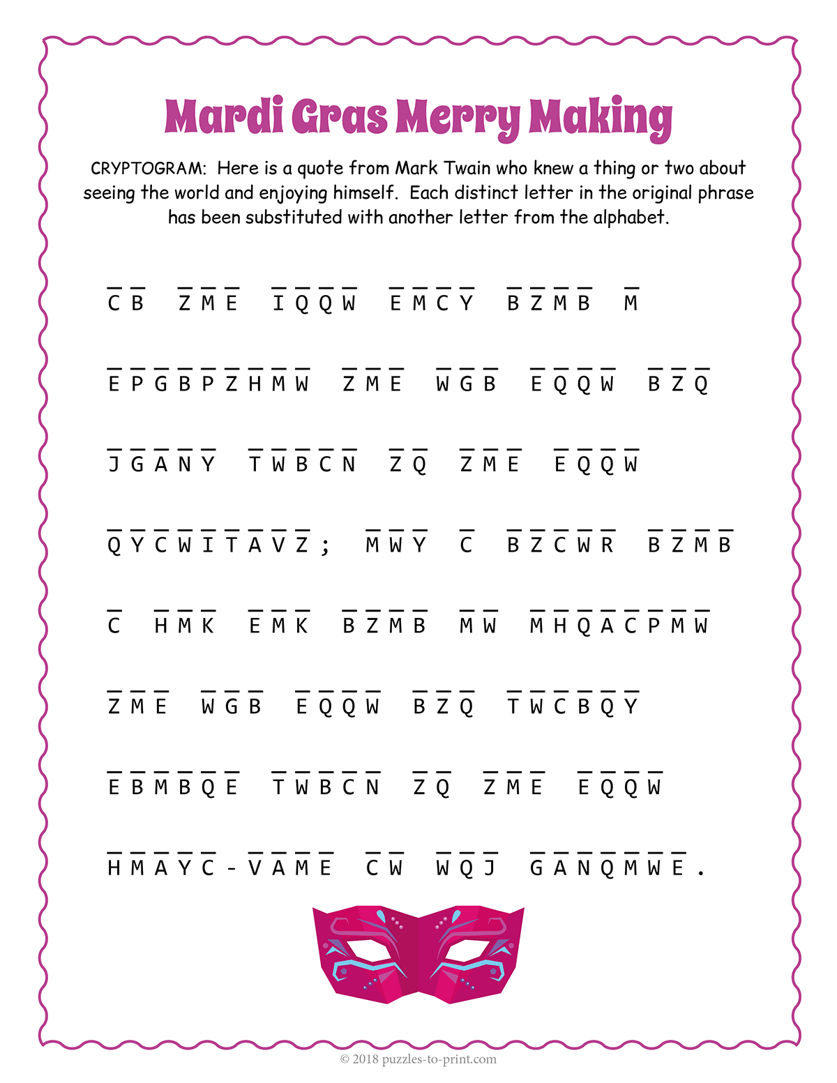 Mardi Gras Cryptogram pertaining to Free Printable Cryptograms With Answers