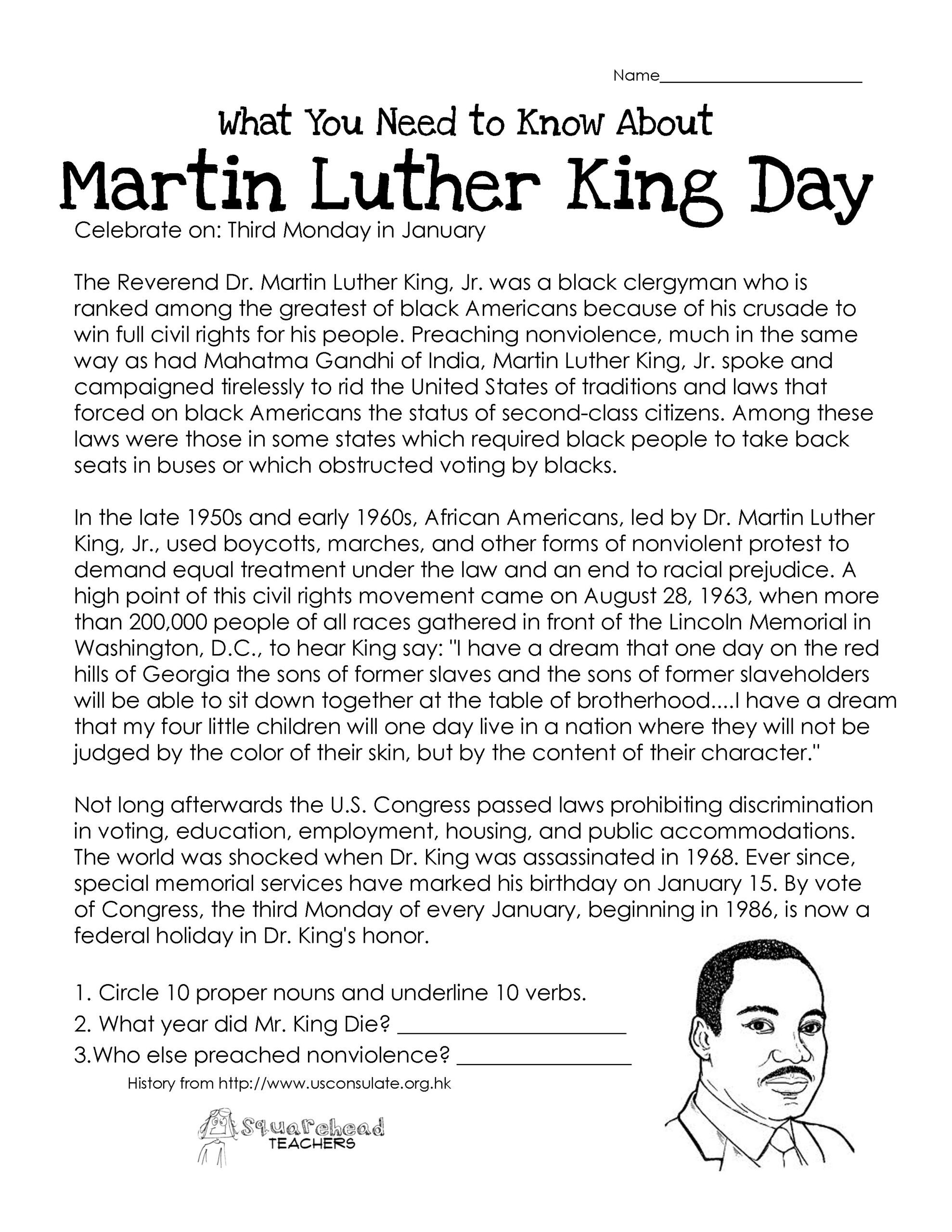 Martin Luther King Day (Free Worksheet) | Squarehead Teachers for Free Printable Martin Luther King Jr Worksheets