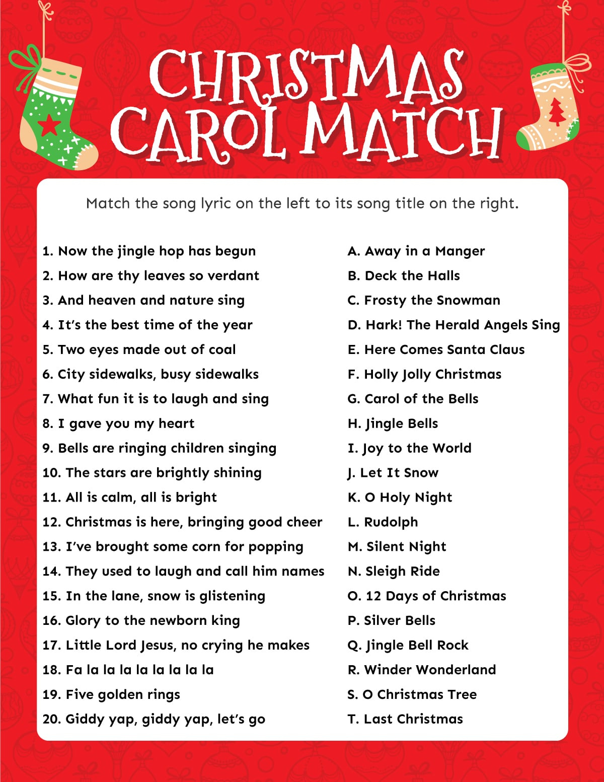 Match The Christmas Carol Game (Free Printable!) - Play Party Plan within Christmas Song Scramble Free Printable