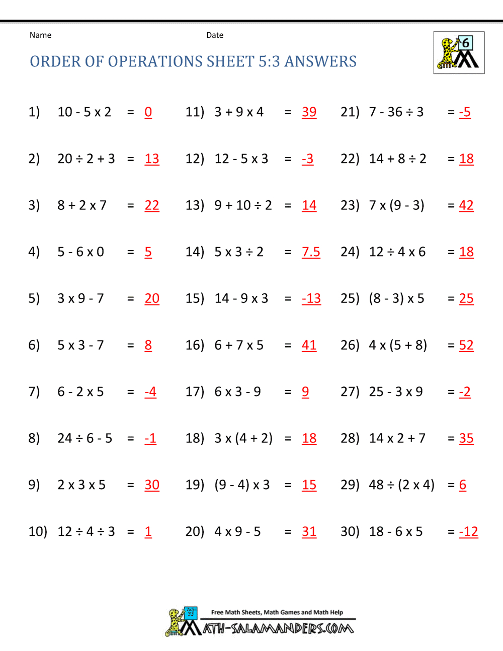 Math Worksheets: Order Of Operations Or Pemdas - Worksheets Library inside Order Of Operations Free Printable Worksheets With Answers