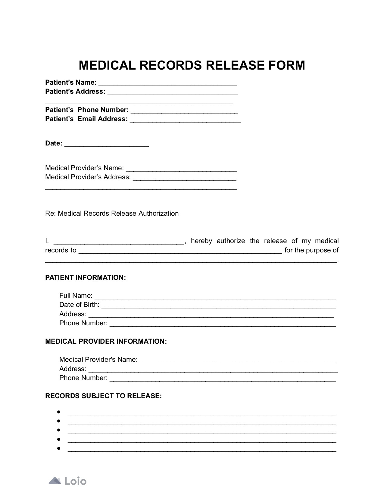Medical Records Release Form Template - Loio inside Free Printable Medical Release Form