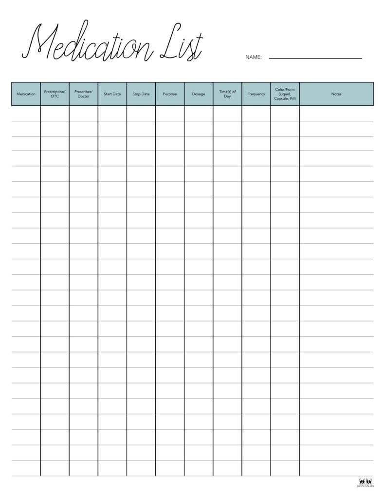 Medication List Templates - 25 Free Printables | Printabulls for Free Printable Medication List Template
