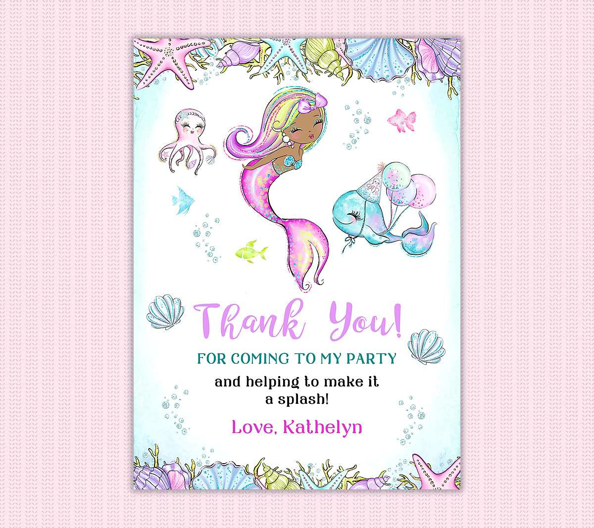 Mermaid And Sea Creatures Thank You Card - Perfect Party Prints with Free Printable Mermaid Thank You Cards
