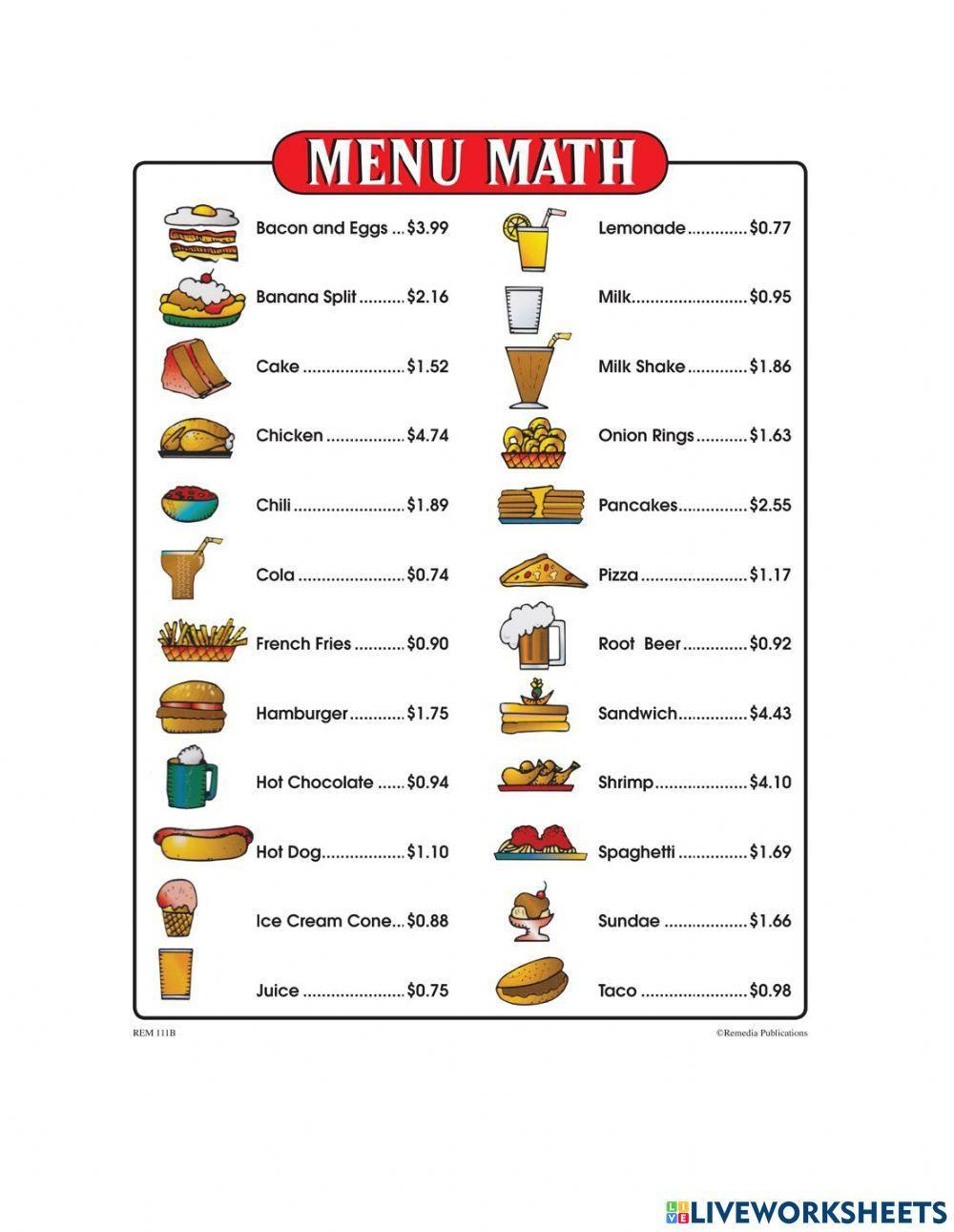Mexican Food Menu Math Addition Worksheets - Worksheets Library in Free Printable Menu Math Worksheets