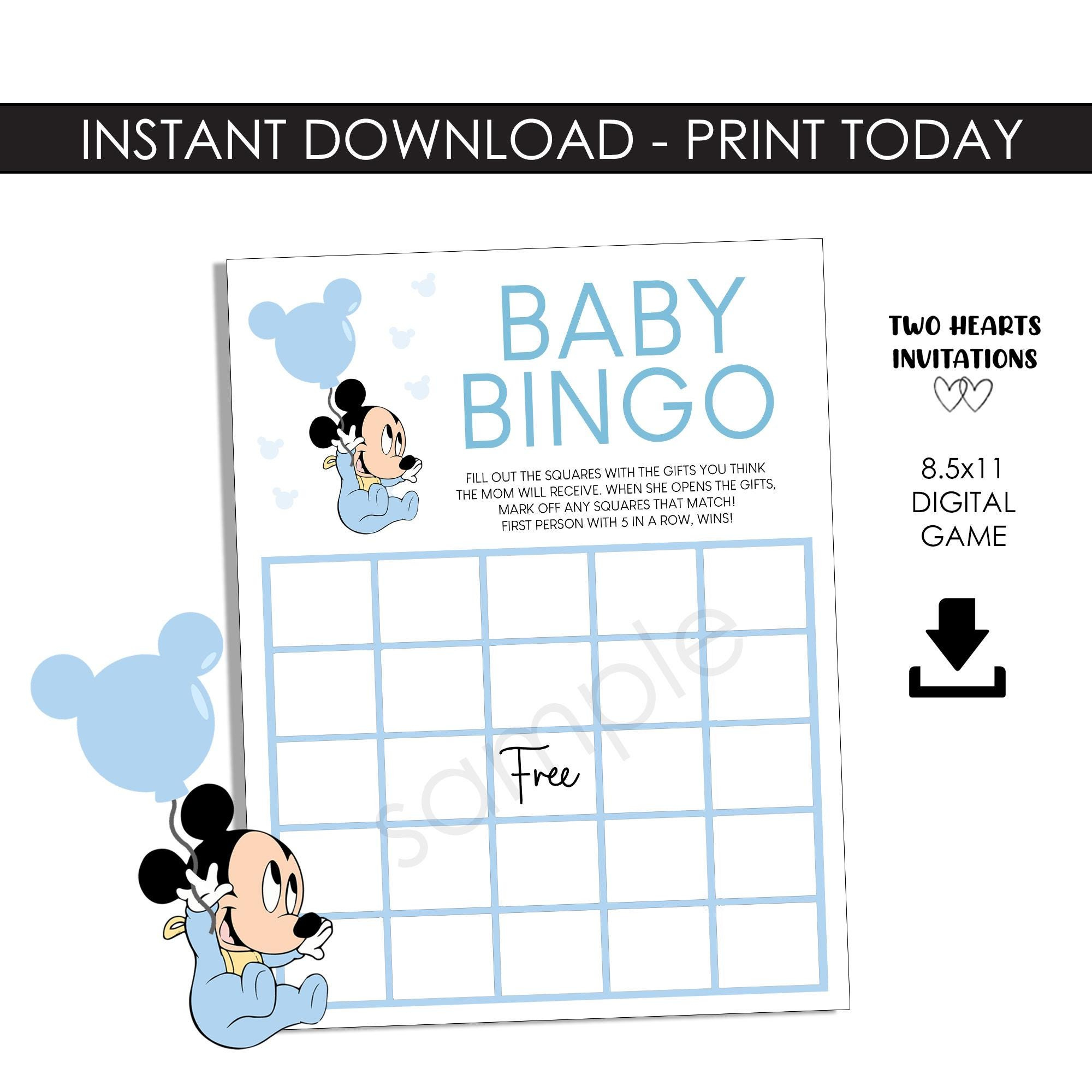 Mickey Mouse Baby Shower Bingo Game Printable 8.5X11 Instant within Free Printable Mickey Mouse Baby Shower Games