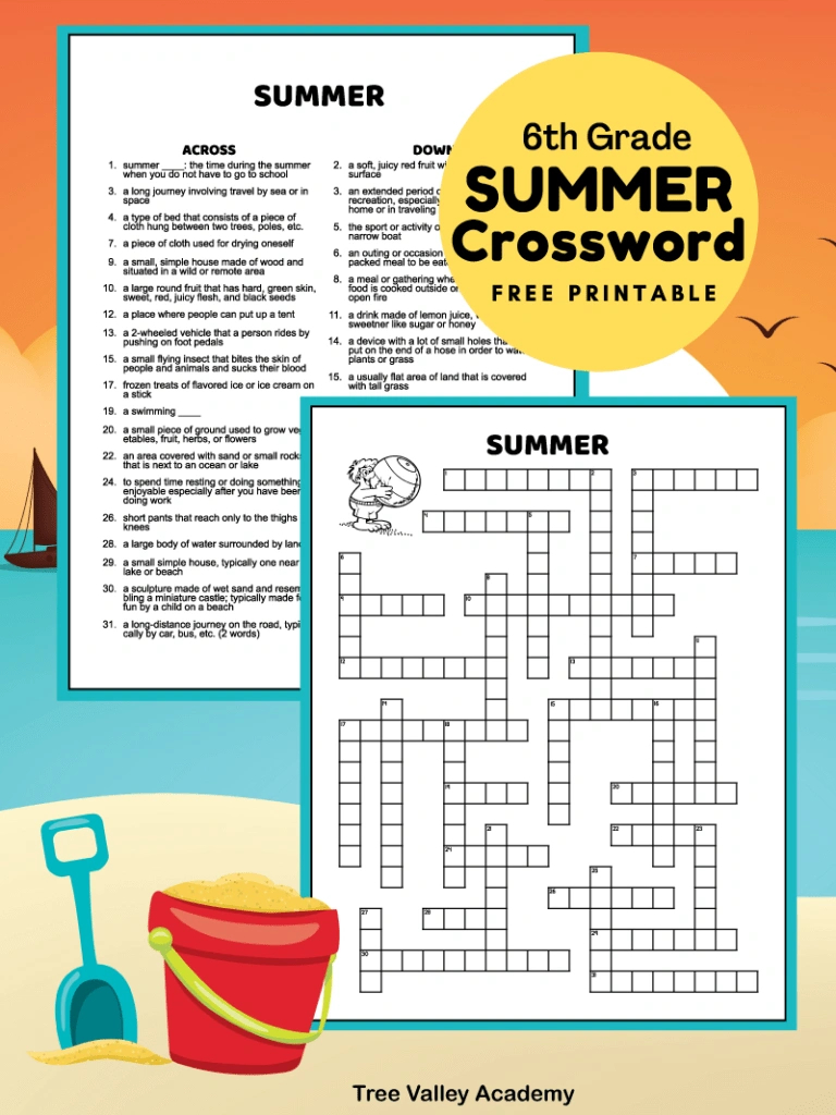 Middle School Summer Crossword Puzzle - Tree Valley Academy inside Summer Crossword Puzzle Free Printable