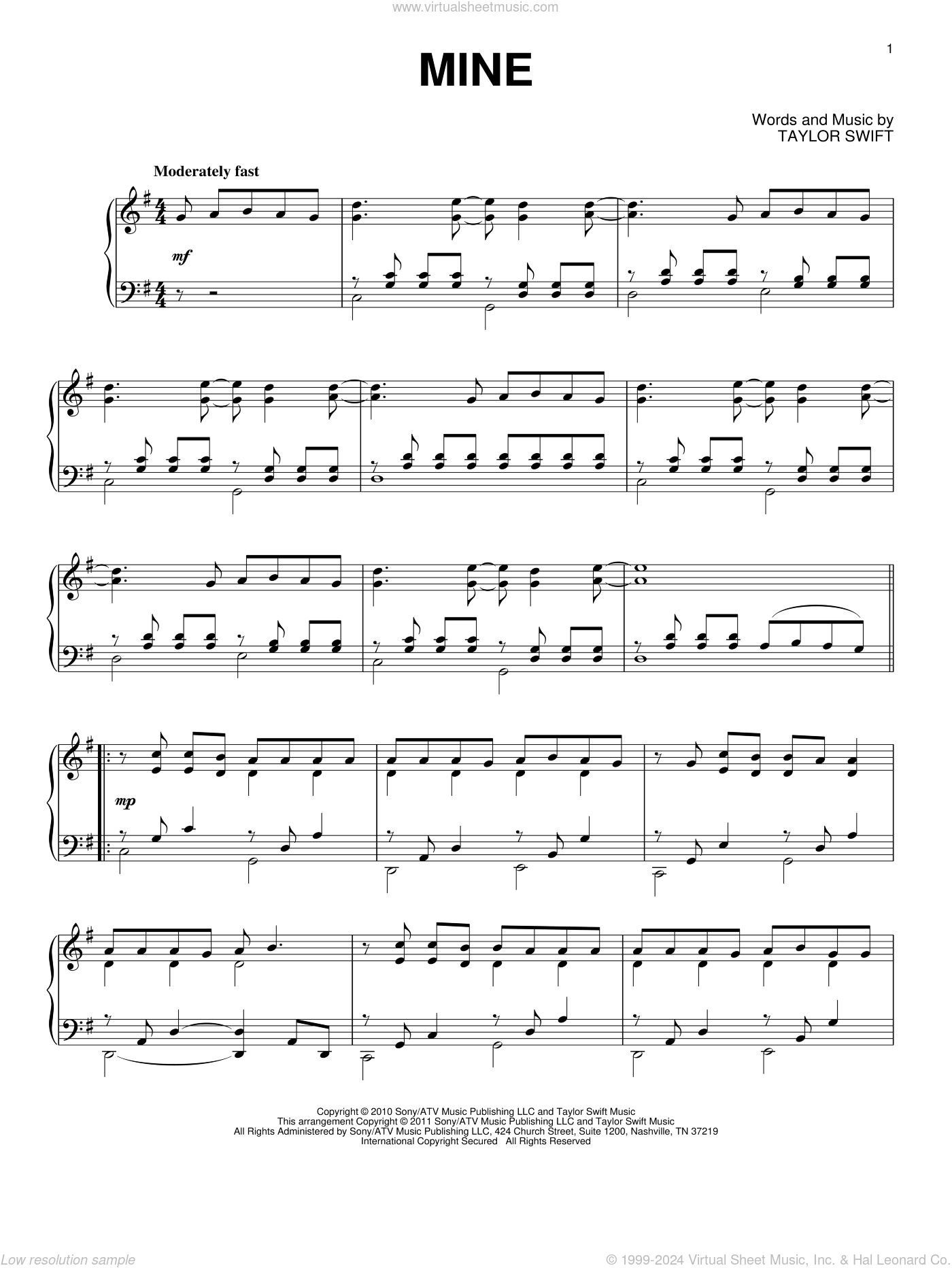 Mine, (Intermediate) Sheet Music For Piano Solo (Pdf-Interactive) within Taylor Swift Mine Piano Sheet Music Free Printable