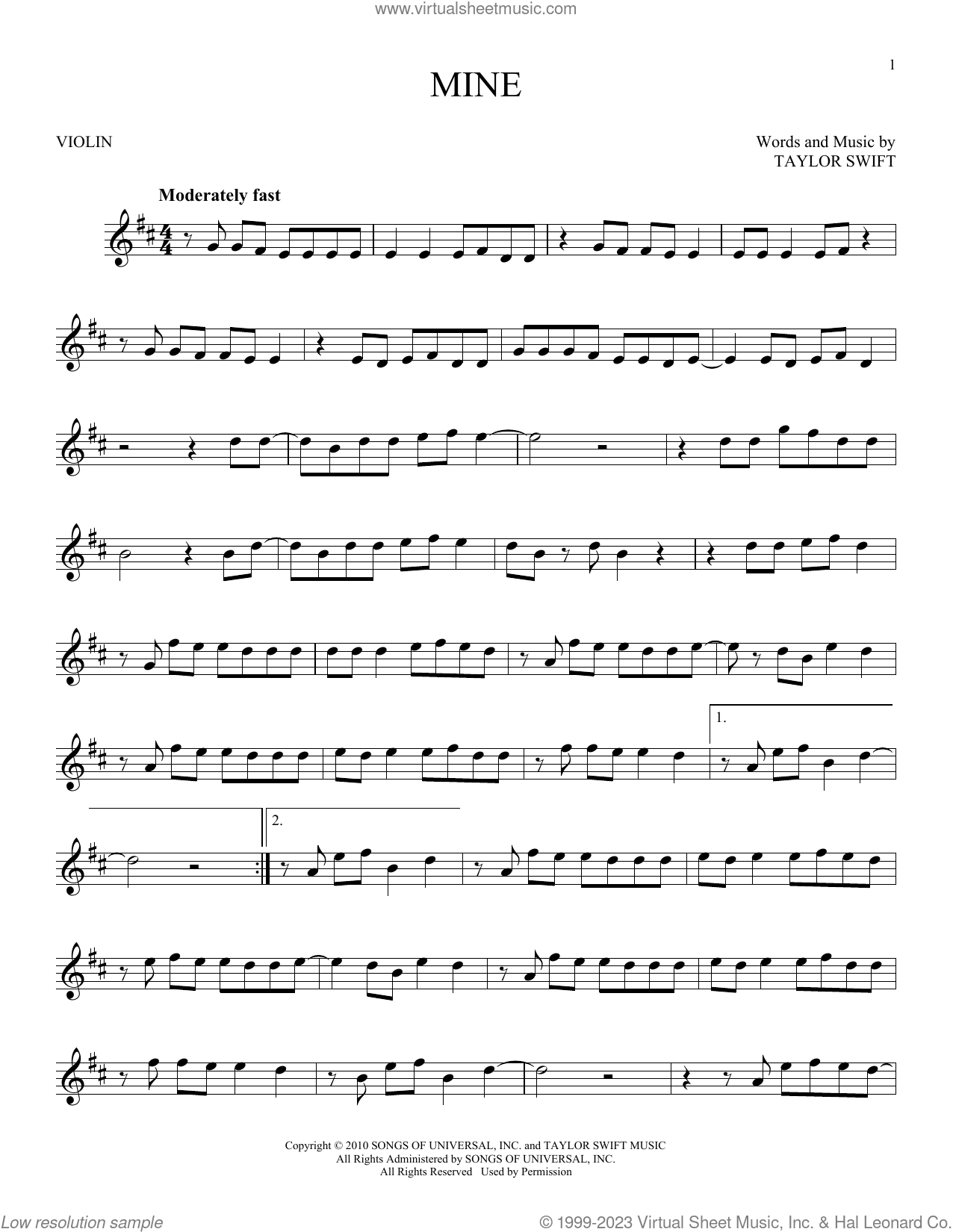 Mine Sheet Music For Violin Solo (Pdf-Interactive) with Taylor Swift Mine Piano Sheet Music Free Printable
