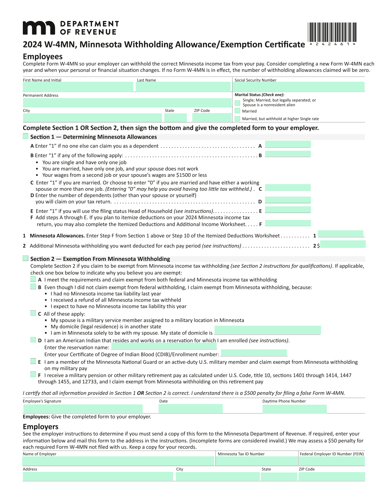 Minnesota W4 throughout Free Printable W 4 Form