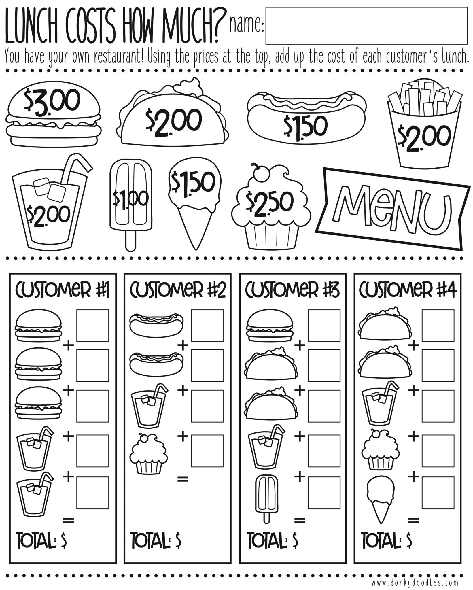 Money Math Practice - How Much Does Lunch Cost? – Dorky Doodles in Free Printable Menu Math Worksheets