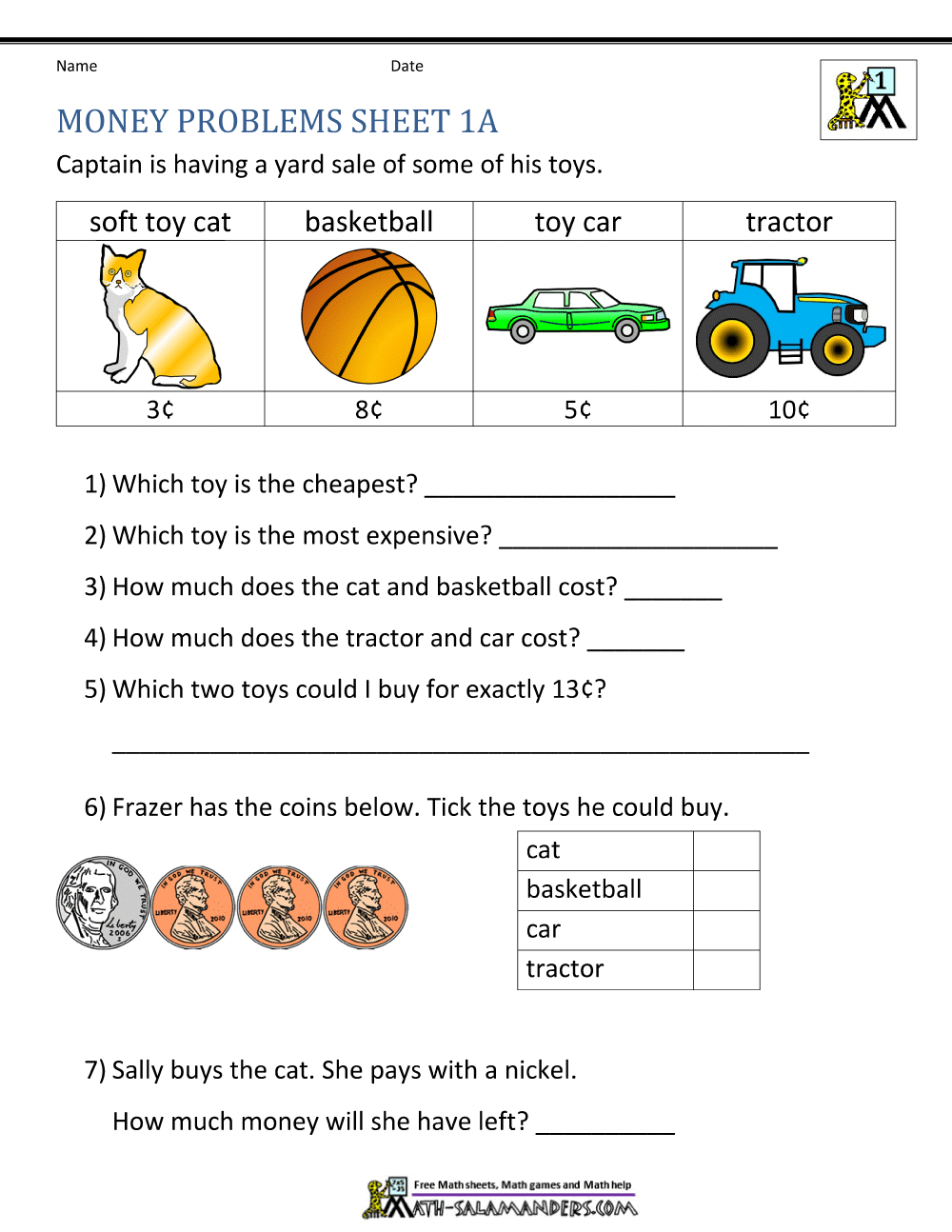Money Problem Solving Kindergarten Worksheet Free Printable with regard to Free Printable Money Word Problems Worksheets