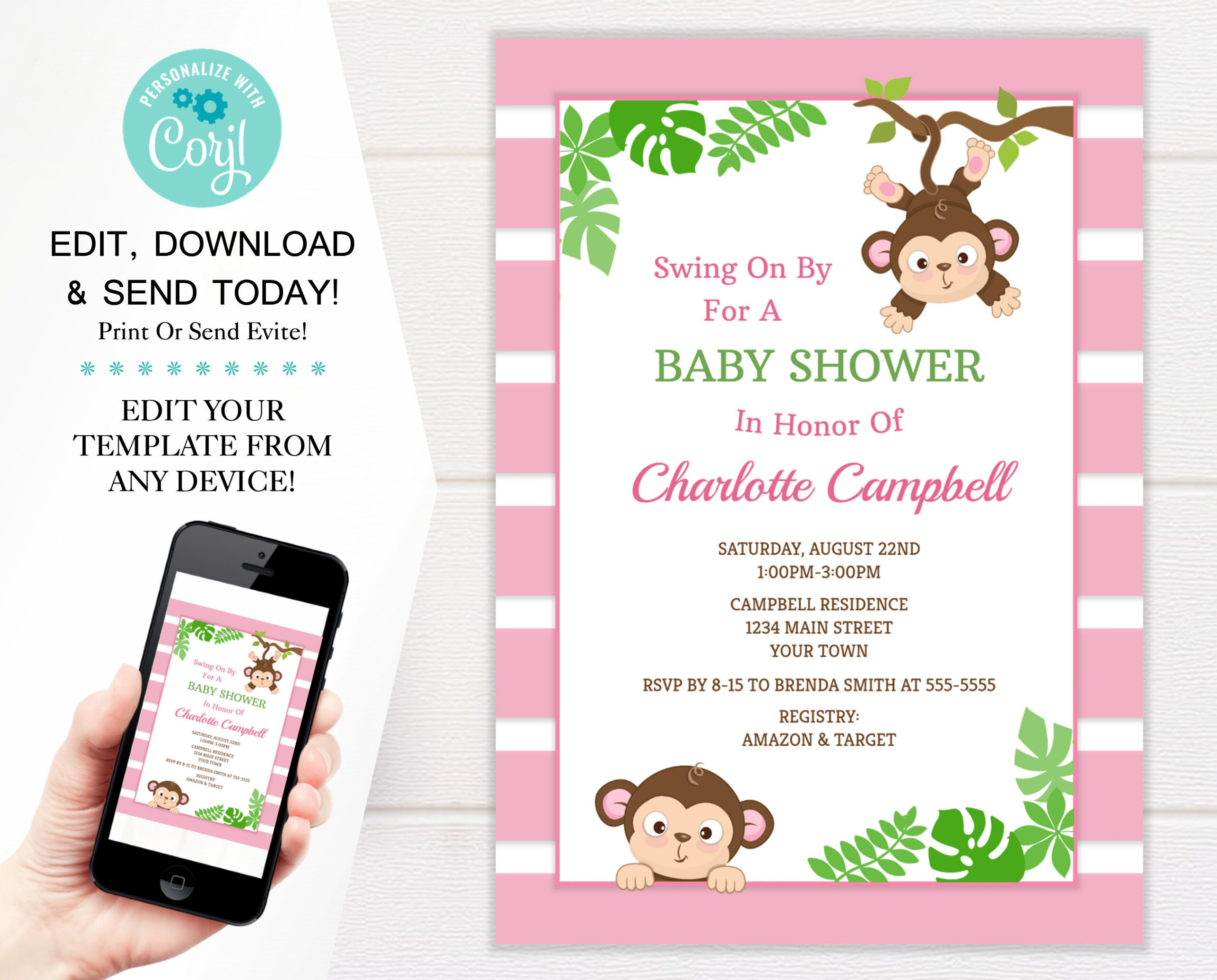 Monkey Girl Baby Shower Invitation Template, Pink Monkey Shower intended for Free Printable Monkey Girl Baby Shower Invitations