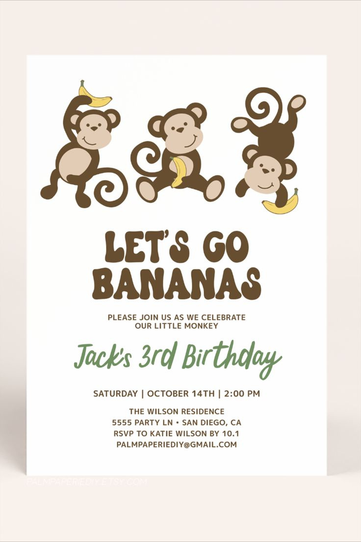 Monkey Theme Birthday Invitation, Template, Lets Go Bananas Invite inside Free Printable Monkey Birthday Party Invitations