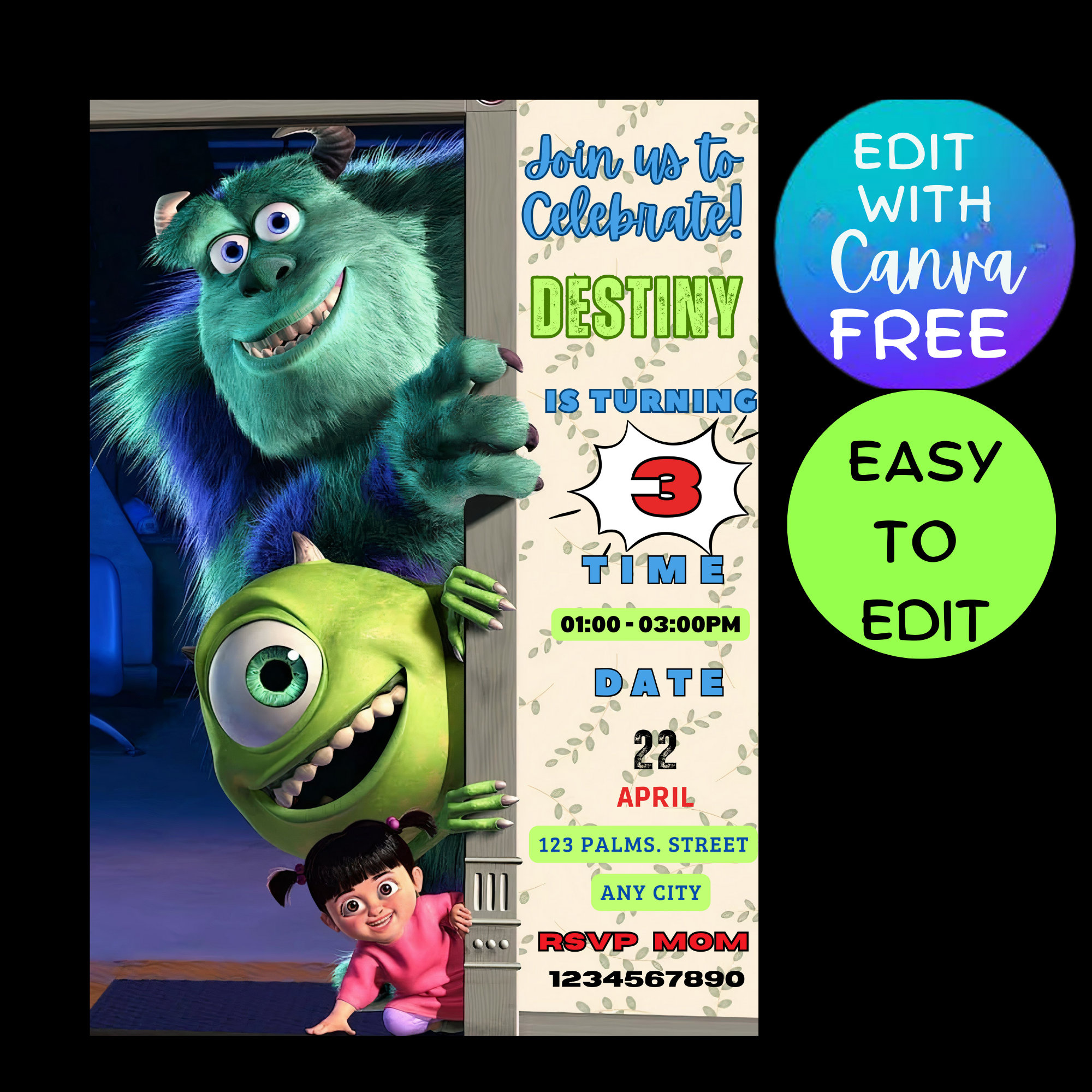 Monster Inc Birthday Invitation| Birthday Invite| Printable pertaining to Free Printable Monsters Inc Birthday Invitations