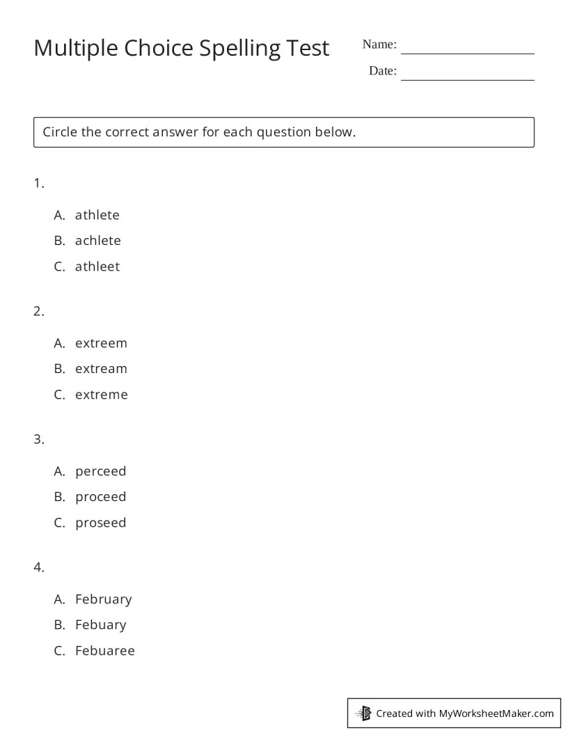 Multiple Choice Spelling Test - My Worksheet Maker: Create Your in Free Printable Multiple Choice Spelling Test Maker
