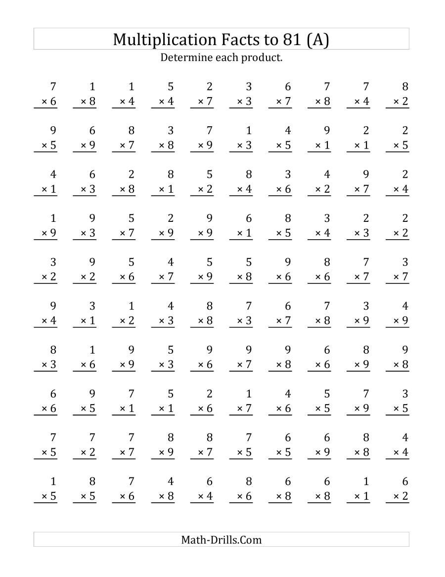 Multiplication Facts To 81 (100 Questions) (No Zeros) (A regarding Free Printable Multiplication Worksheets 100 Problems