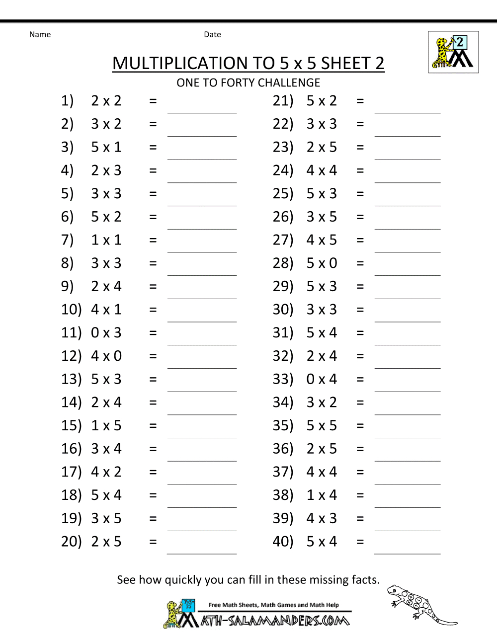Multiplication To 5X5 Worksheets For 2Nd Grade for Free Printable Multiplication Fact Sheets