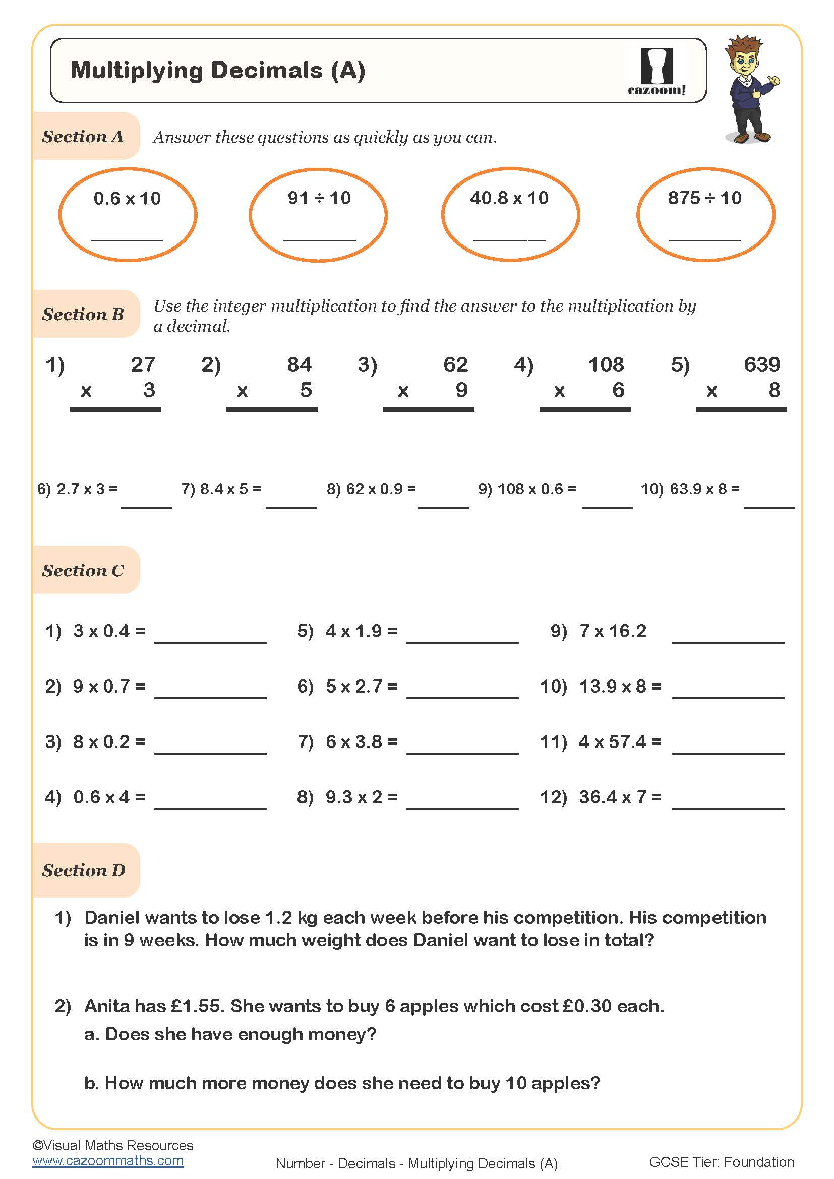 Multiplying Decimals (A) Worksheet | Cazoom Maths Worksheets throughout Free Printable Multiplying Decimals Worksheets