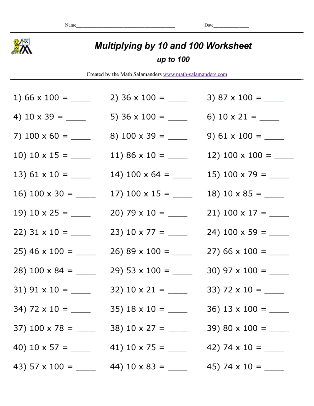Multiplying10 And 100 Worksheets intended for Free Printable Multiplication Worksheets 100 Problems
