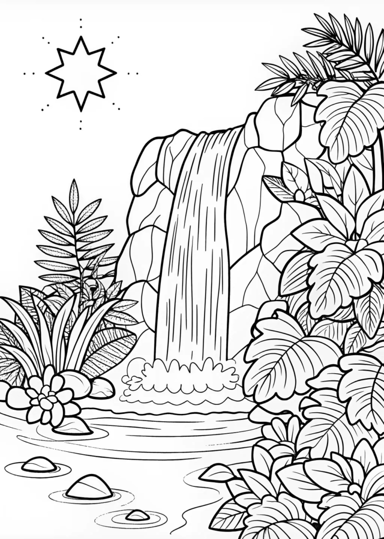 Mystical Waterfall Under The Rainbow Coloring Page - Free & Printable inside Free Printable Waterfall Coloring Pages