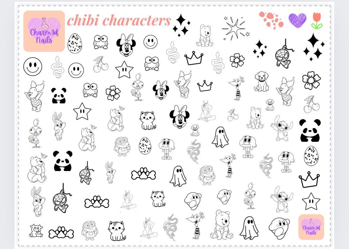 Nail Art Practice Sheet: Chibi Characters Stencil (Printable Pdf in Free Printable Nail Art Designs