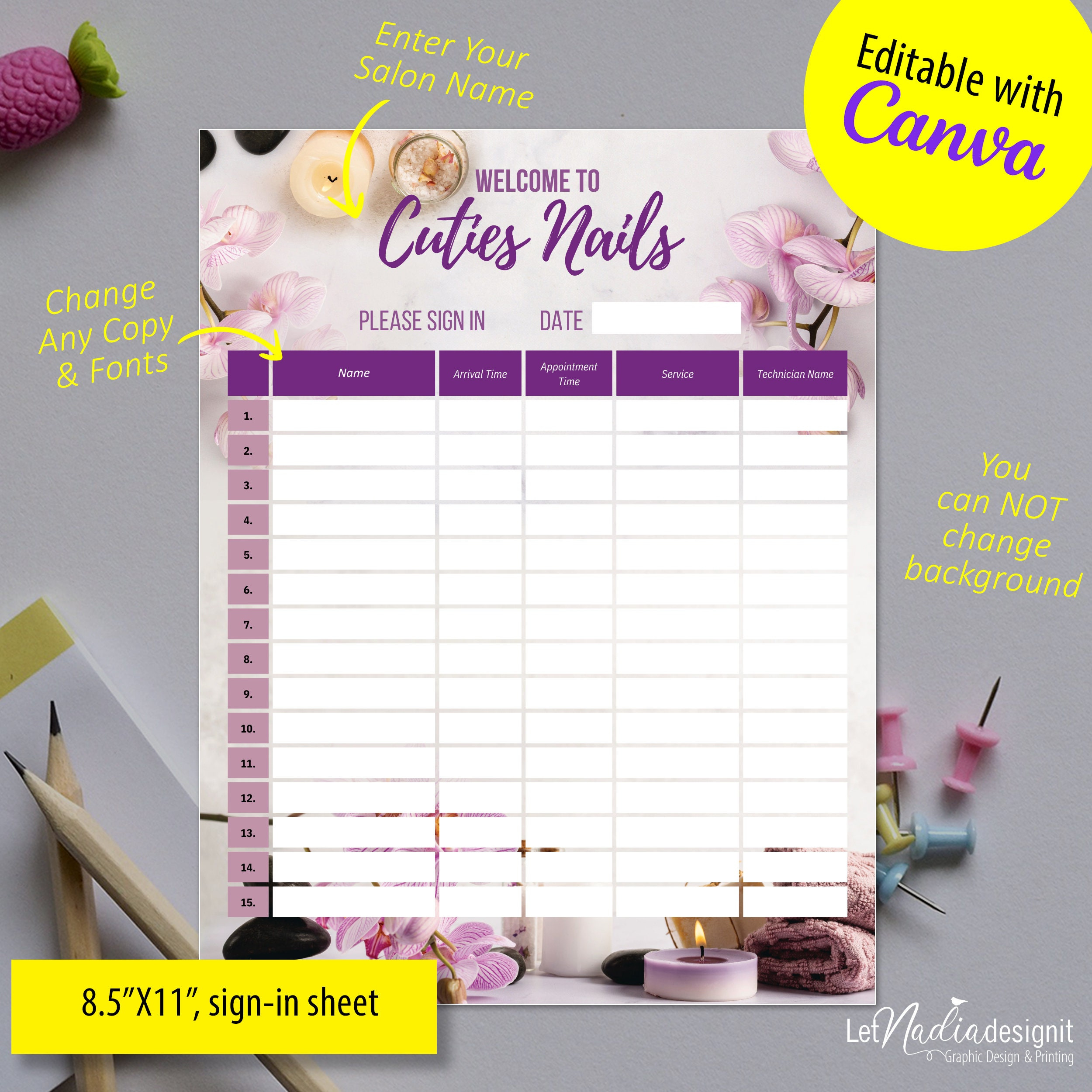 Nail Salon Sign-In Sheet Template 8.5X11 (Template Only in Free Printable Salon Sign In Sheets