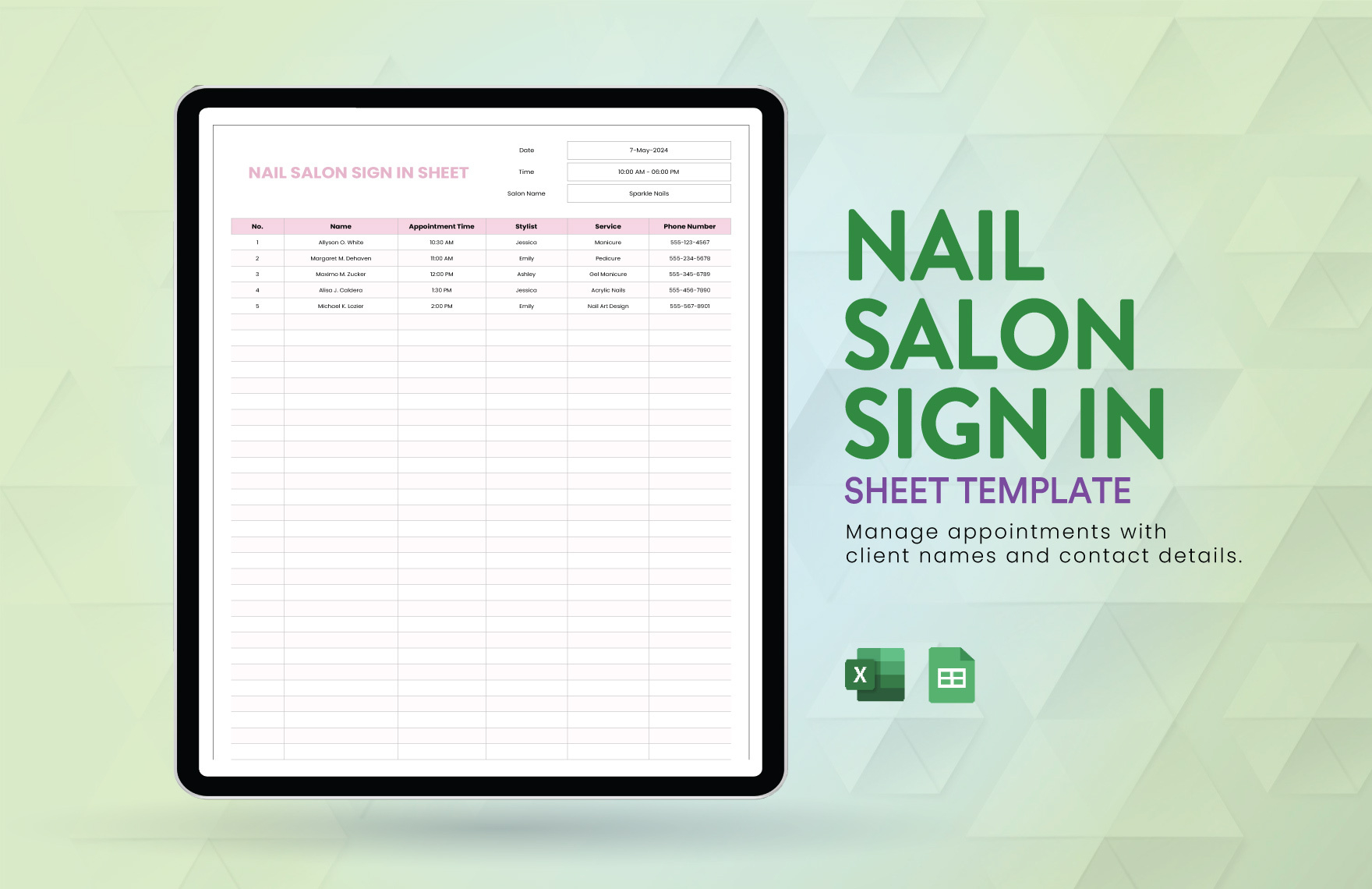 Nail Salon Sign In Sheet Template In Excel, Google Sheets within Free Printable Salon Sign In Sheets