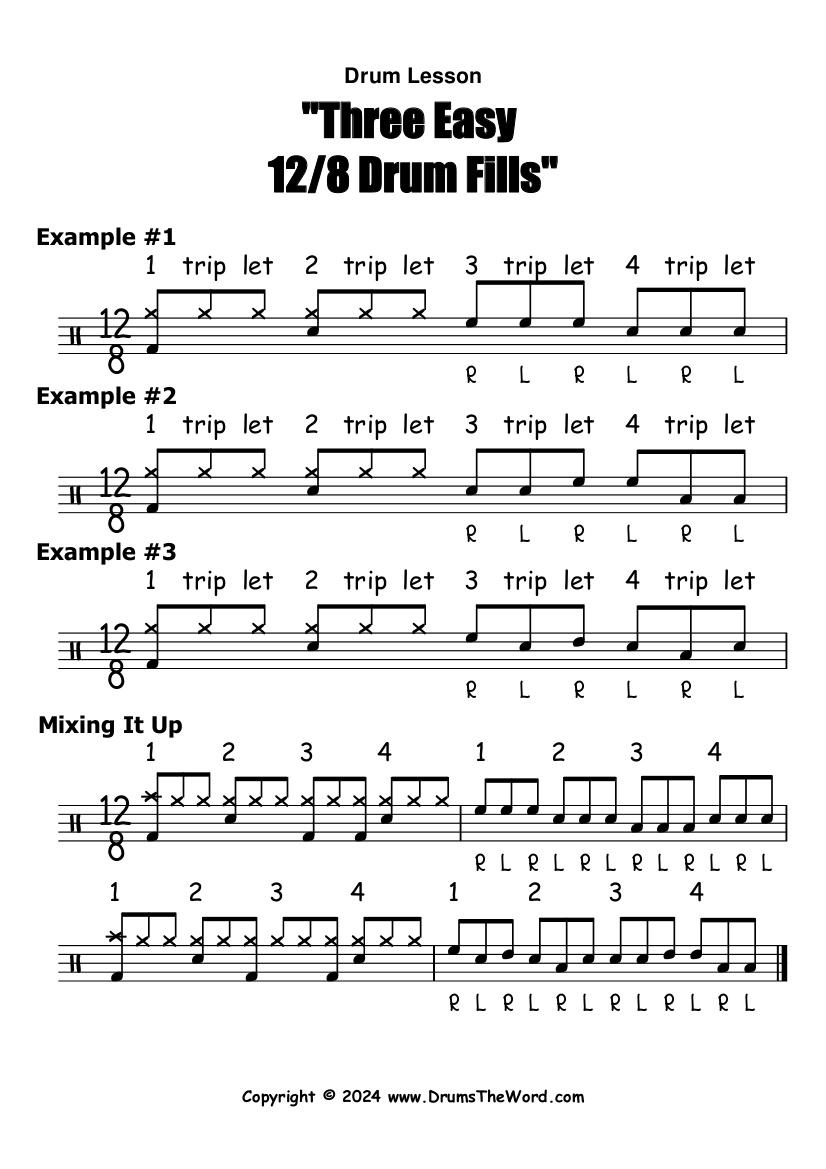 New Free Sheet Music Showing You Three Easy 12/8 Drum Fills For for Free Printable Drum Sheet Music
