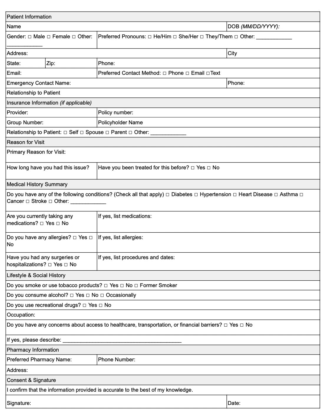 New Patient Intake Form Template [Free Download] regarding Free Printable Medical Forms