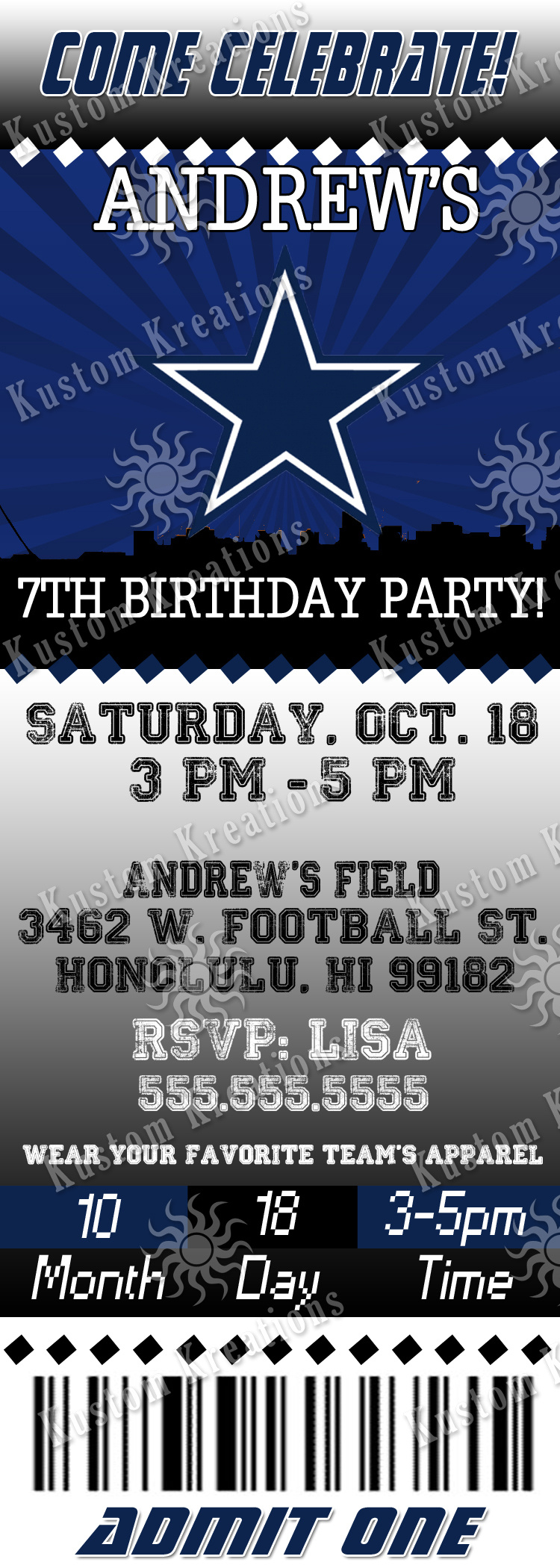Nfl Dallas Cowboys Ticket Birthday Invitation | Kustom Kreations within Free Printable Dallas Cowboys Birthday Invitations