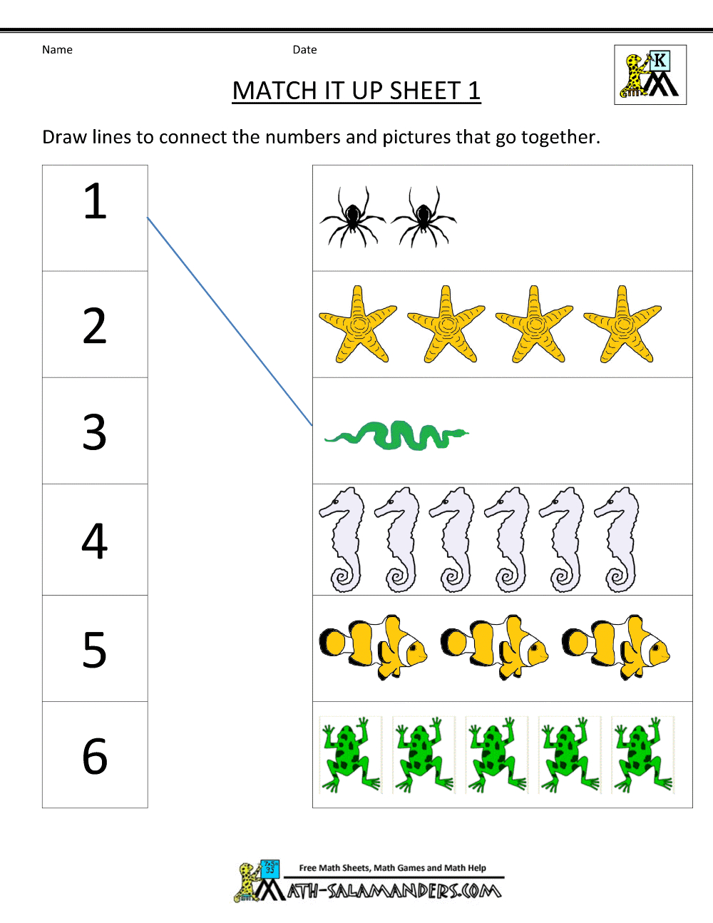 Number Matching Worksheets 1-10 within Free Printable Kindergarten Math Activities