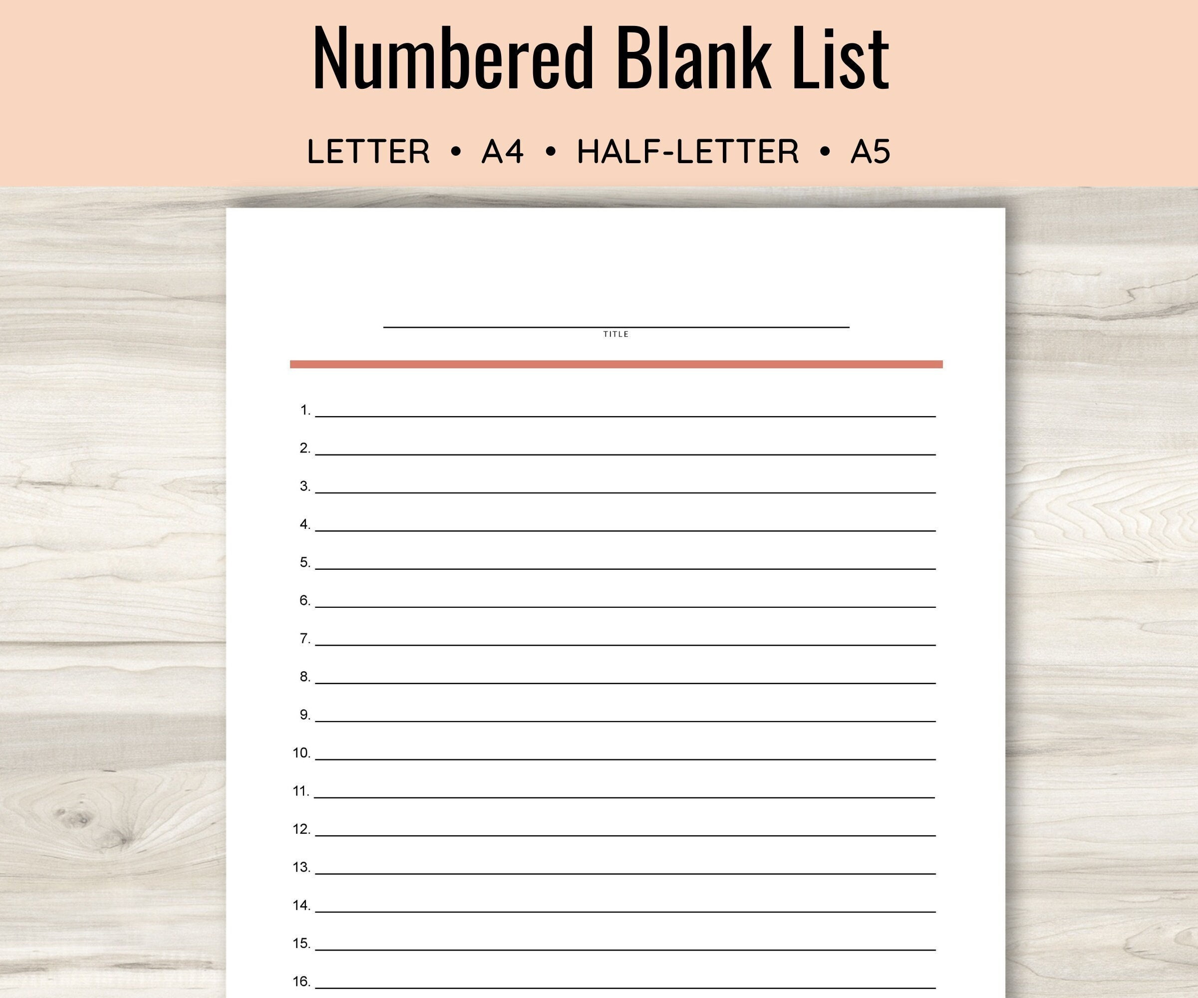 Numbered Blank List, Simple List Template, Printable List, Lined pertaining to Free Printable Numbered List