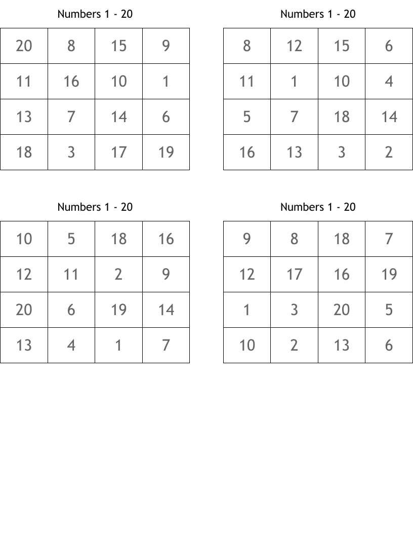 Numbers 1 - 20 Bingo Cards - Wordmint throughout Free Printable Number Bingo Cards 1 20