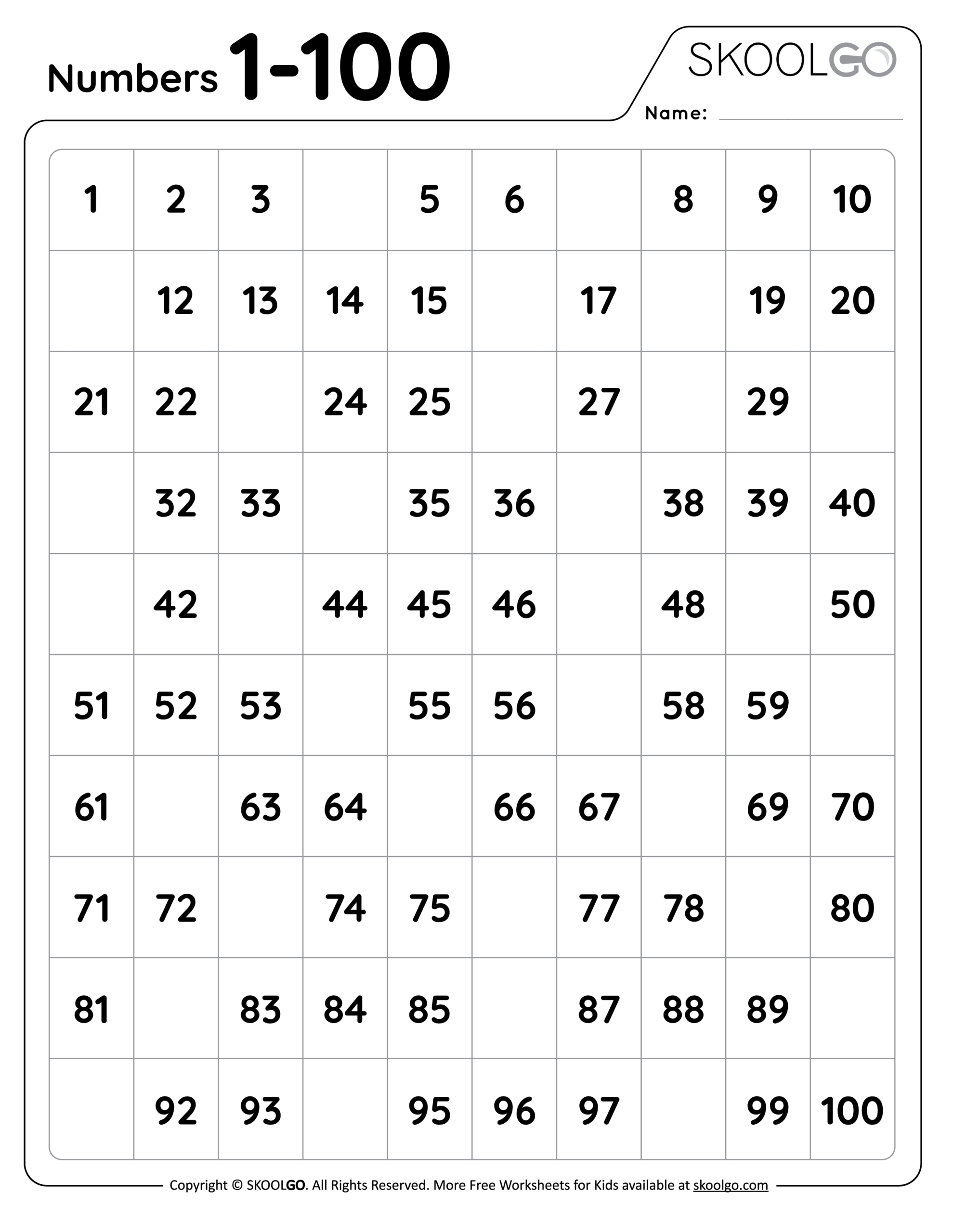 Numbers 1 To 100 - Free Worksheet For Kids - Skoolgo - Worksheets regarding Free Printable Number Worksheets 1 100